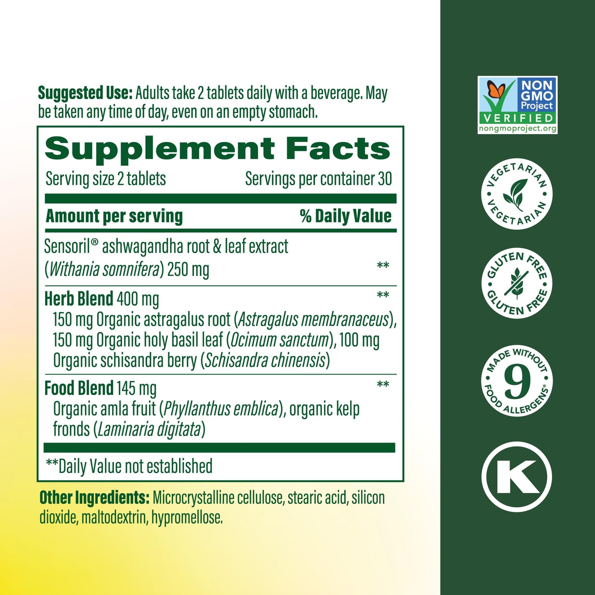 MegaFood Ashwagandha Complex – mini-tablettes faciles à prendre au quotidien.