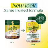 Étiquette MegaFood B12 avec ingrédients et engagement biologique.