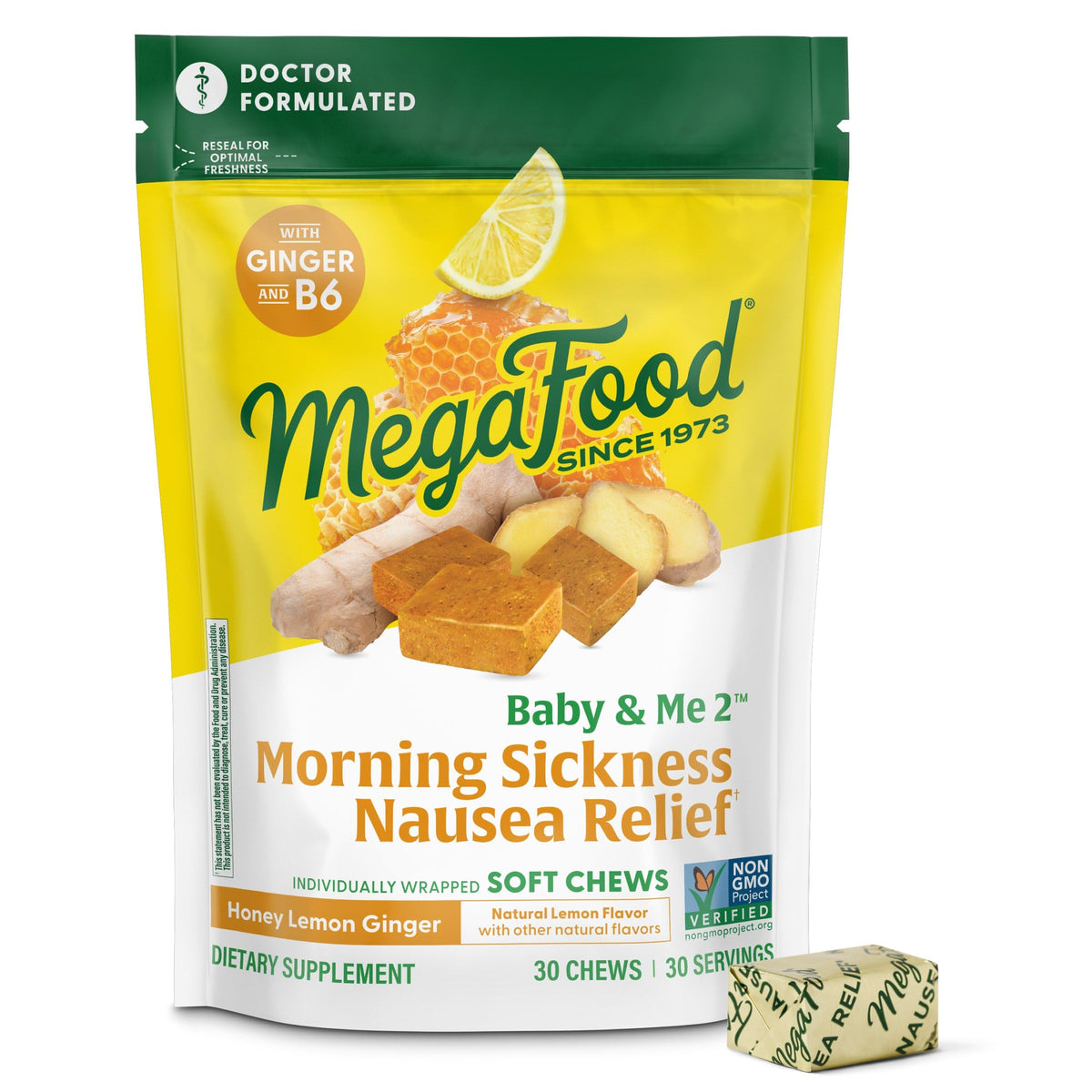 MegaFood Baby et Moi : bonbons gingembre, soulagement léger pour les nausées matinales en déplacement.