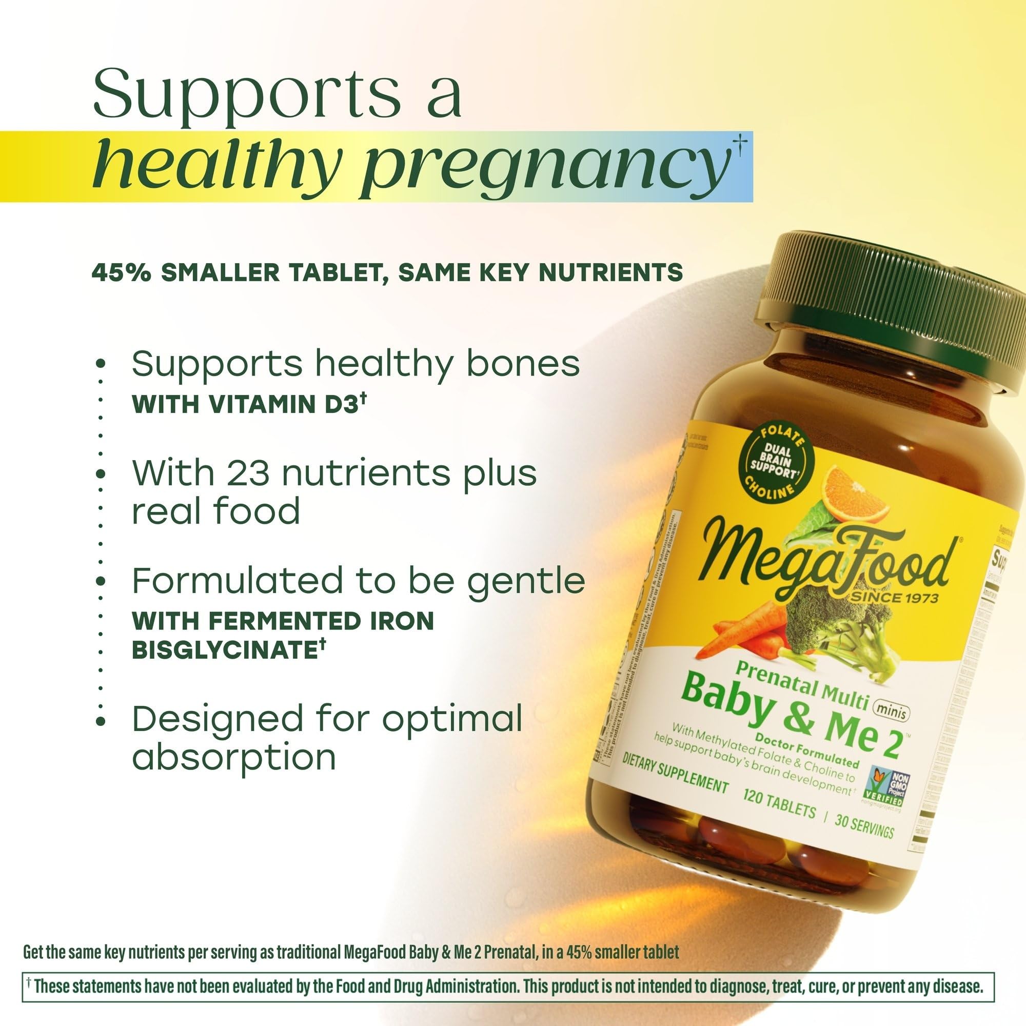 MegaFood Baby & Me 2, ingrédients réels orange-carotte-chou pour une nutrition naturelle.