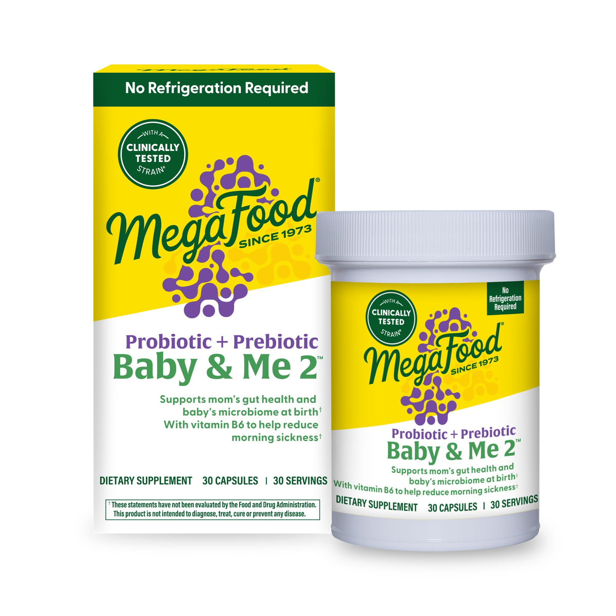 MegaFood Baby Me 2 : bouteille prénatale probiotique soutenant le microbiome maternel.