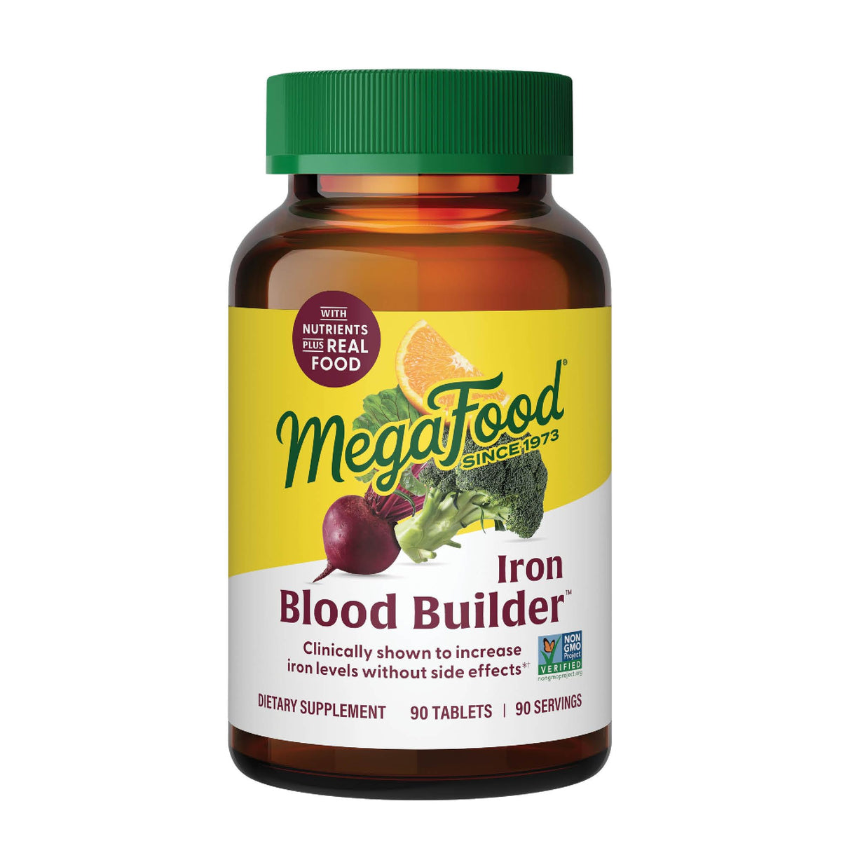 MegaFood Blood Builder bouteille sur table prêt à l'emploi et usage quotidien.