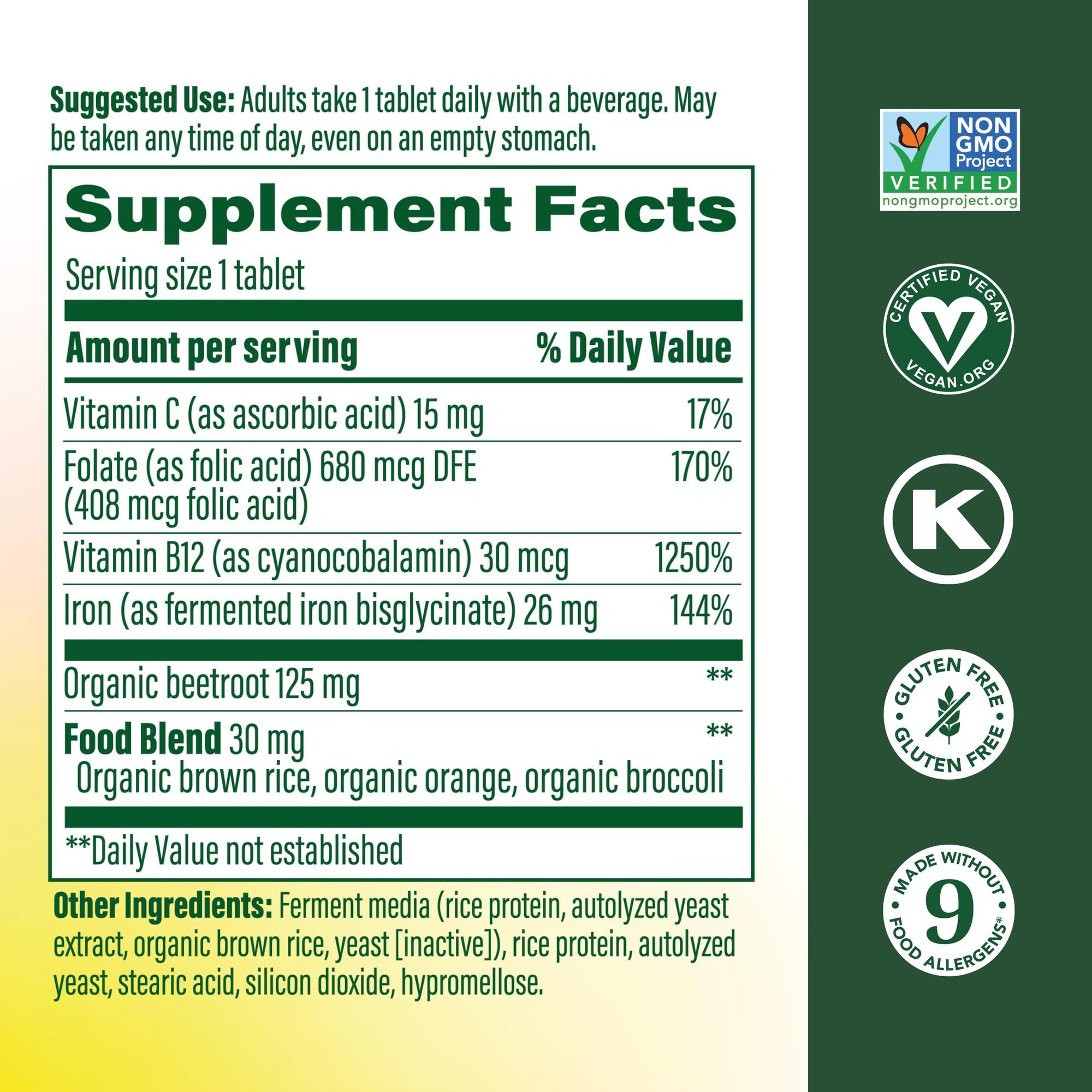 Étiquette MegaFood Blood Builder vegan et non-OGM reflétant les normes de pureté.