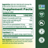 Étiquette MegaFood Blood Builder vegan et non-OGM reflétant les normes de pureté.