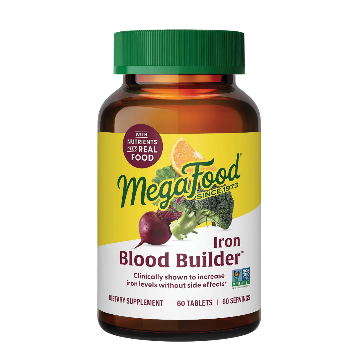 MegaFood Blood Builder tablettes fer, formulation douce adaptée au régime vegan.