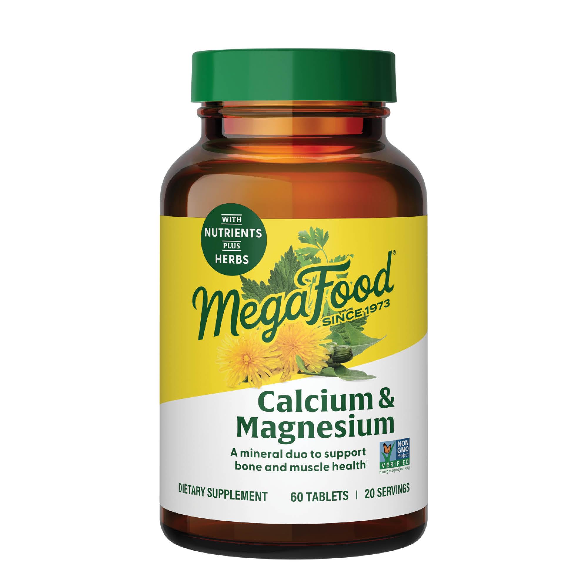 MegaFood Calcium-Magnésium : bouteille visible, pour le soutien des os et du cœur.