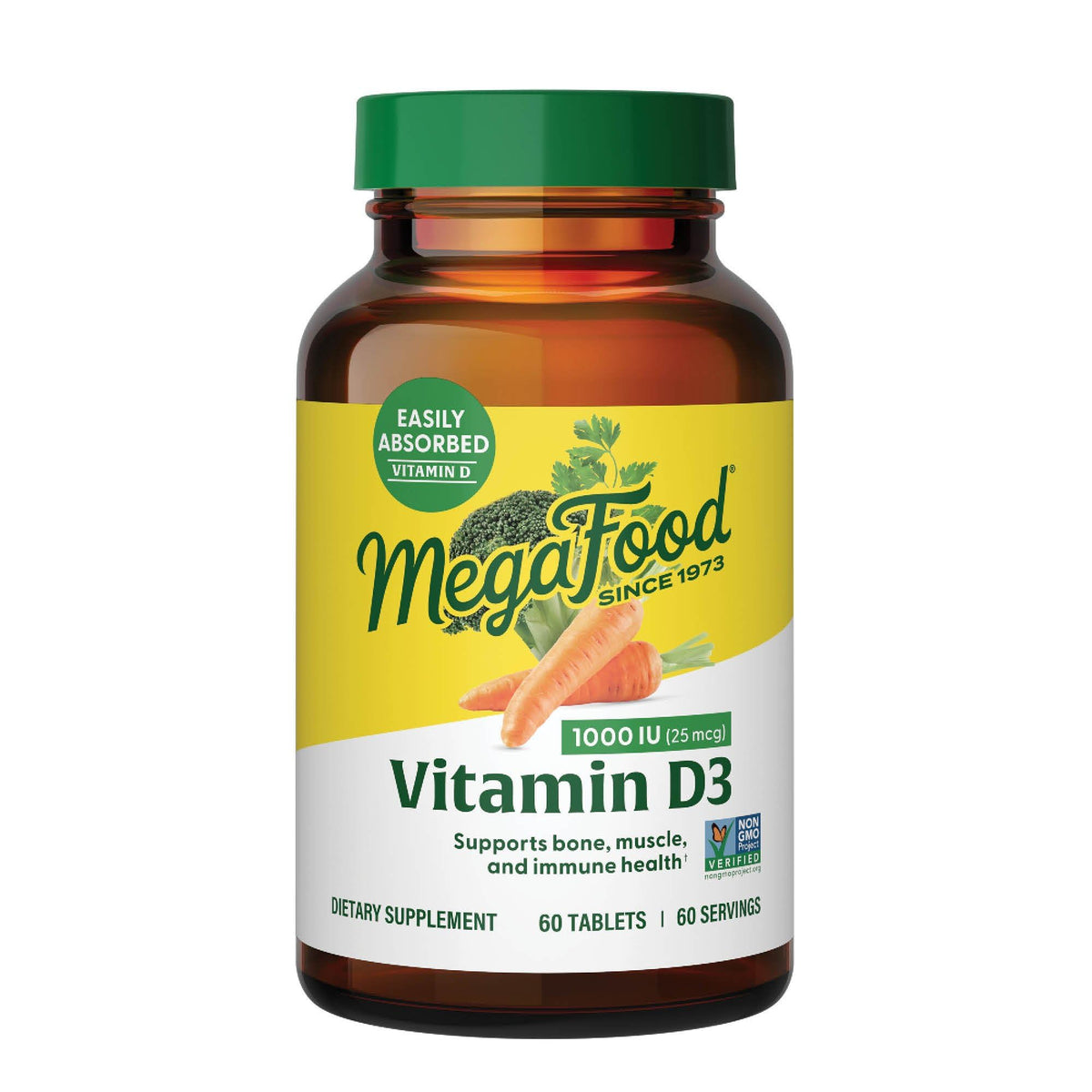 MegaFood Vitamin D3 1000 UI, bouteille et tablettes faciles à prendre