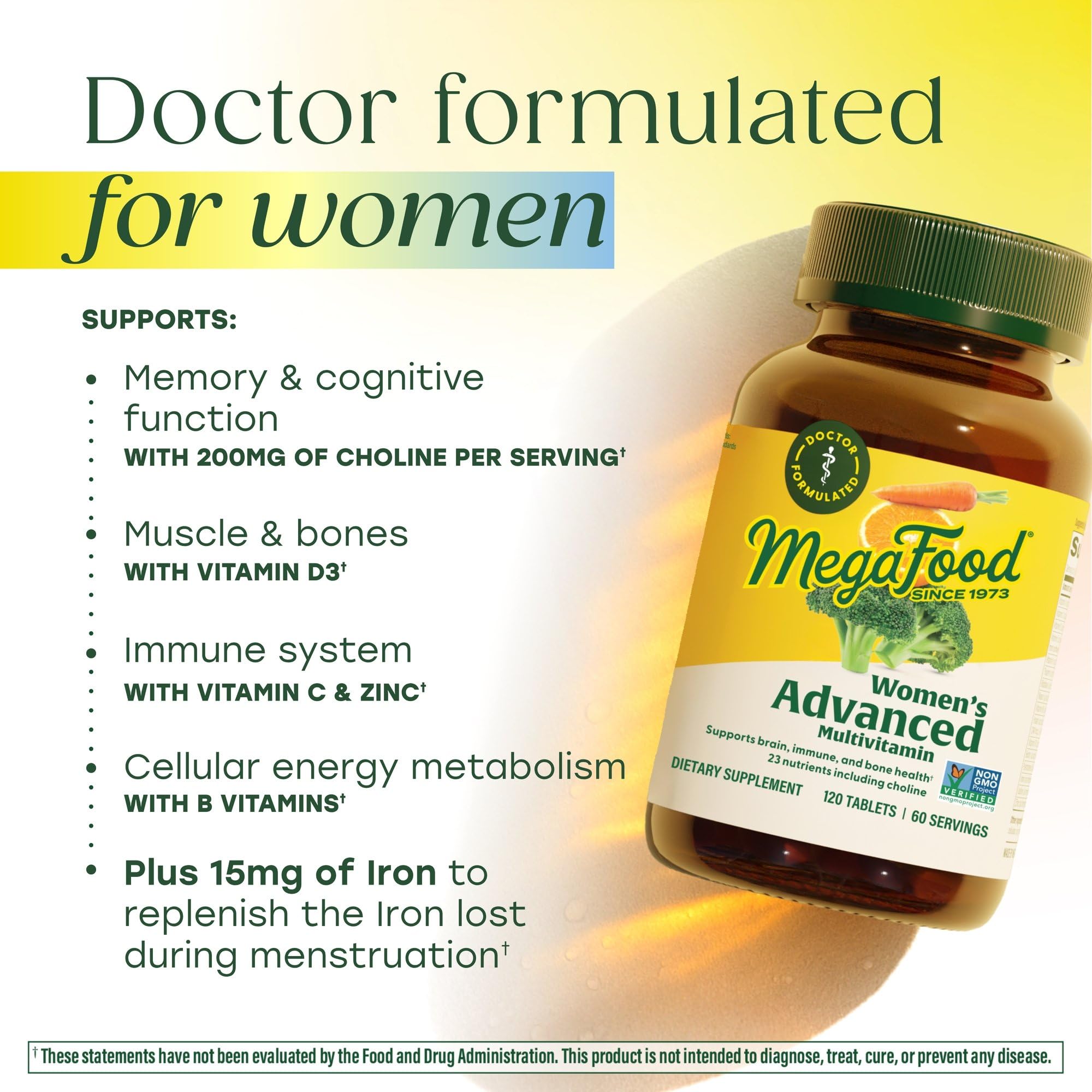 MegaFood Complément Avancé pour Femmes, ingrédients réels comme brocoli et agrumes.