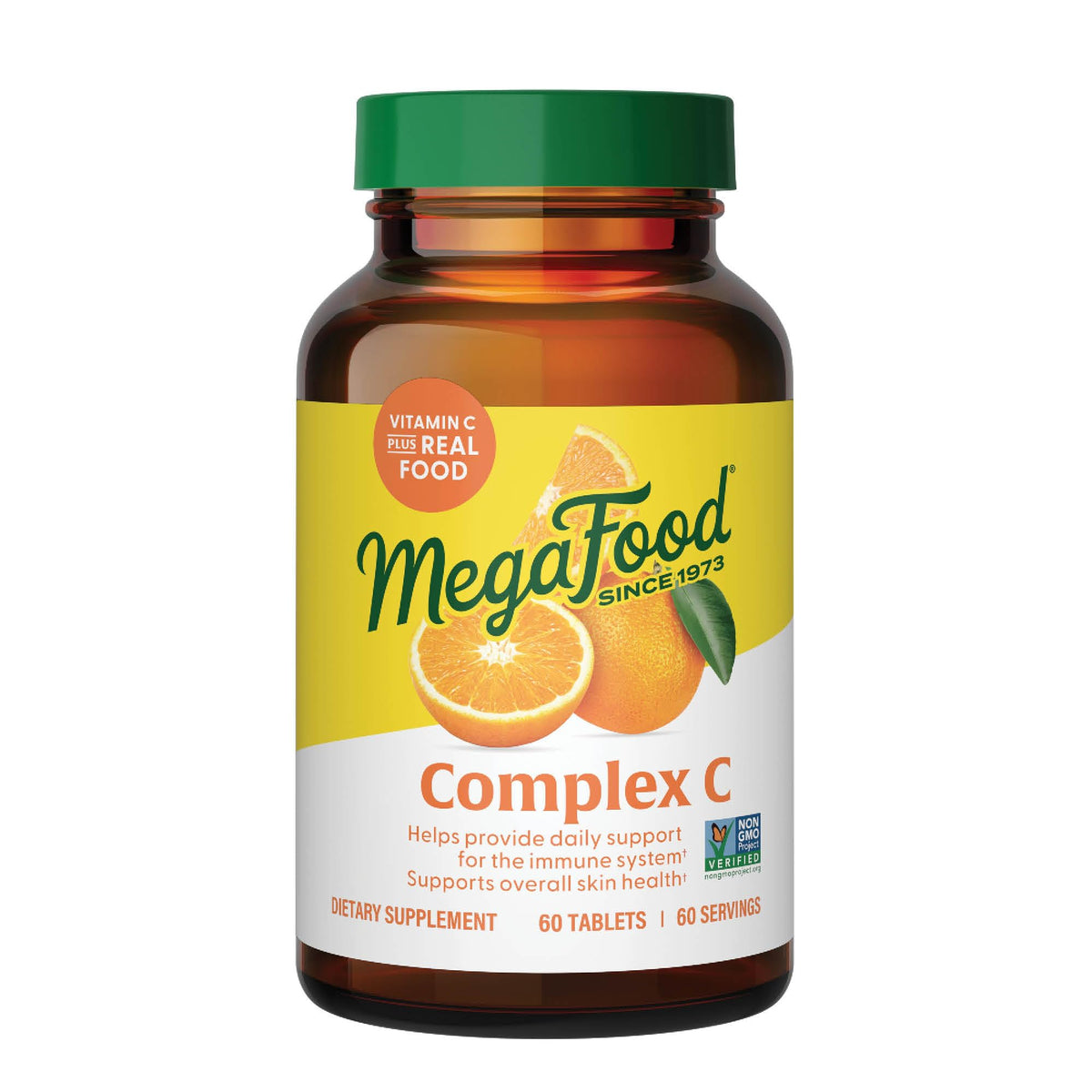MegaFood Complex C: bouteille avec étiquette et soutien immunitaire potentiel.