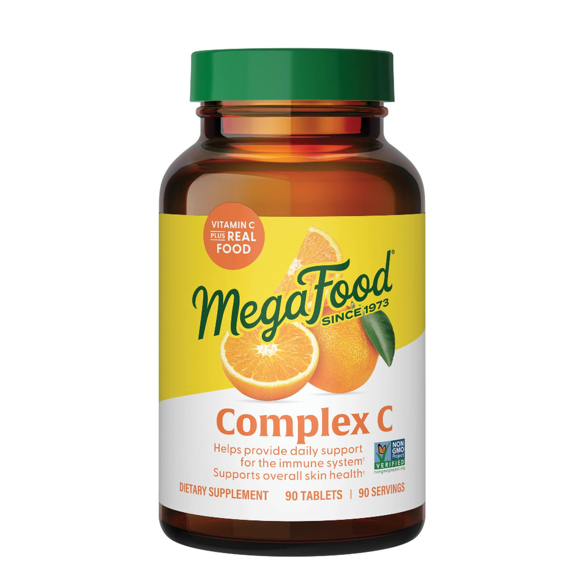MegaFood Complex C dans une bouteille et comprimés, soutien potentiel pour l’immunité au quotidien.