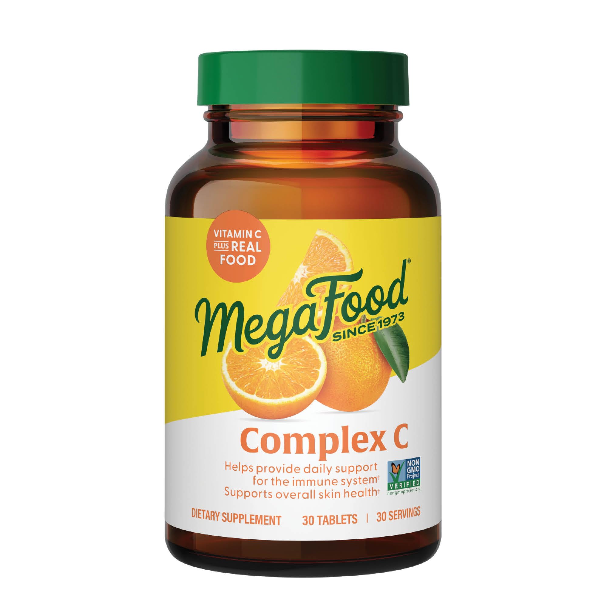 MegaFood Complex C tablettes orange pour soutien immunitaire quotidien.