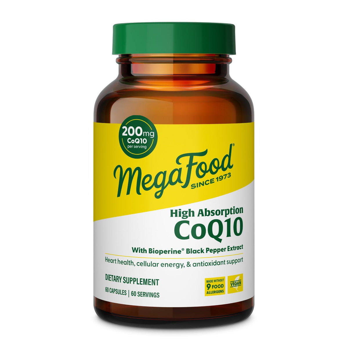 MegaFood CoQ10 200 mg, bouteille de 60 capsules, soutien potentiel pour l'énergie.