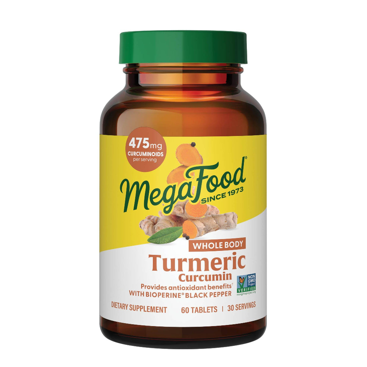 MegaFood Curcuma Bouteille: tablettes riches en curcuminoïdes et vitamine C, soutien quotidien.