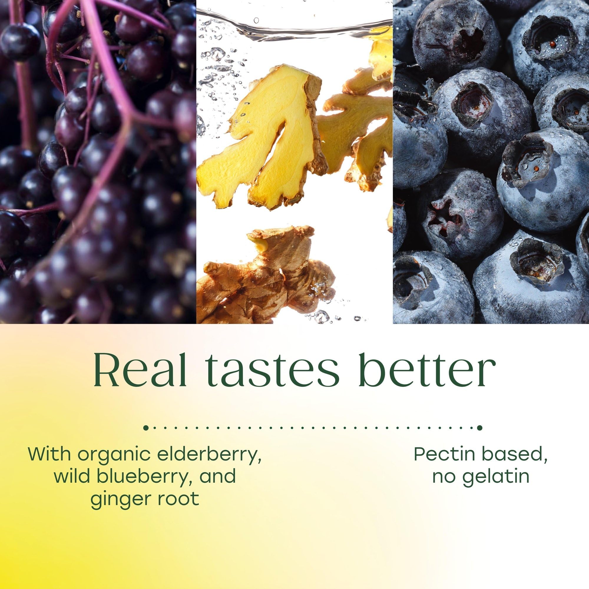 MegaFood gommes elderberry – ingrédients réels comme myrtilles sauvages et gingembre.