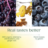 MegaFood gommes elderberry – ingrédients réels comme myrtilles sauvages et gingembre.