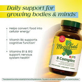 MegaFood Kids Vitamin B Complex : ingrédients naturels visibles comme riz brun et brocoli.