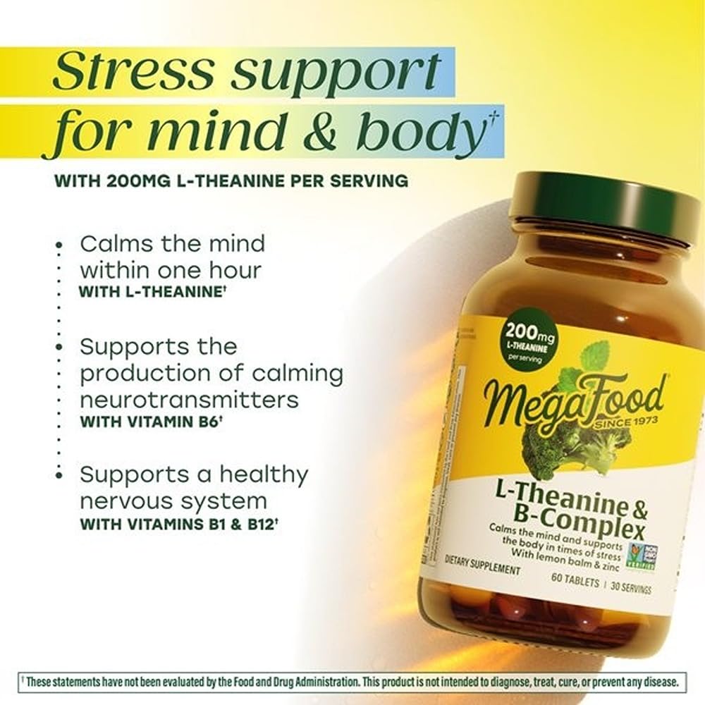 Comprimés MegaFood L-Theanine et mélisse illustrés, ambiance calme