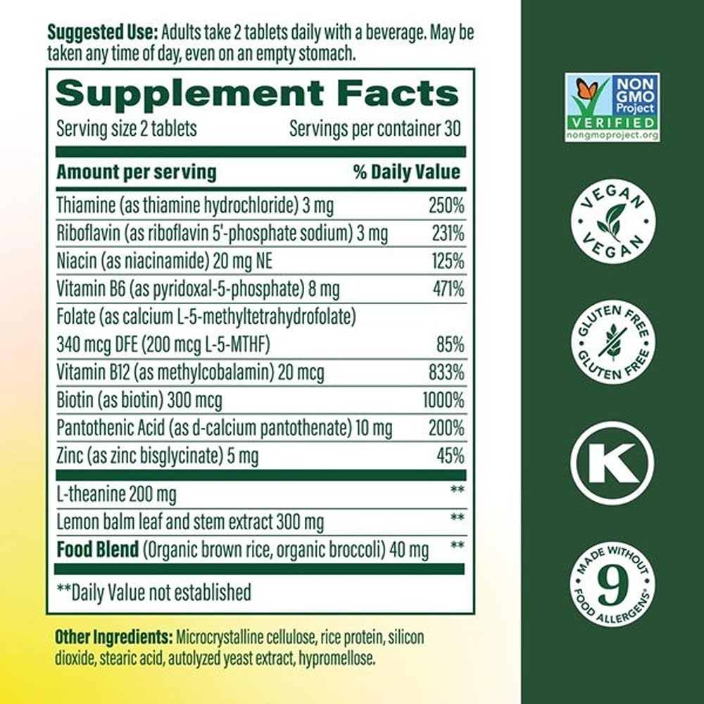 Tablettes MegaFood L-Theanine & B Complex avec emballage pratique