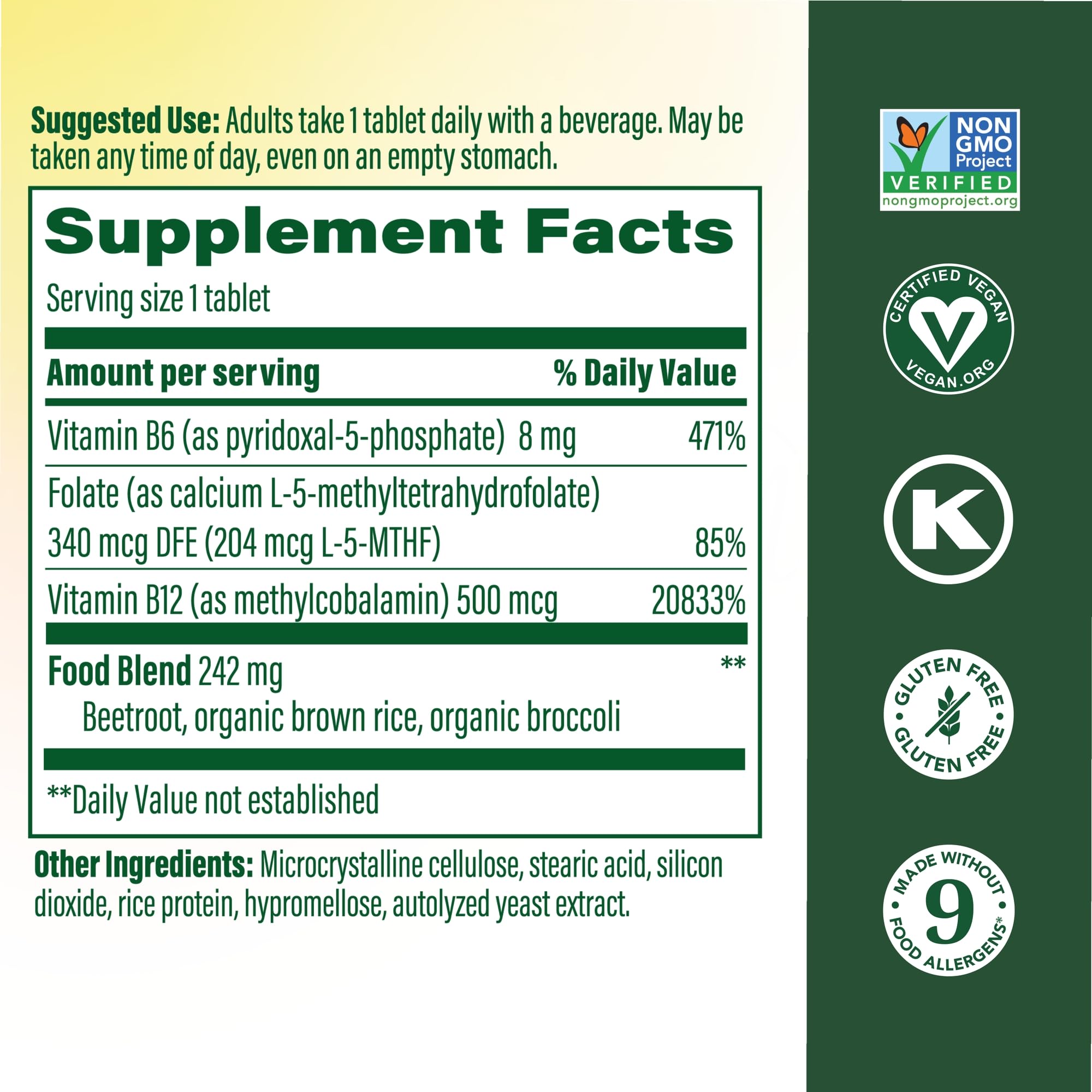 MegaFood Methyl B12 végan - comprimés faciles à avaler avec ou sans repas.