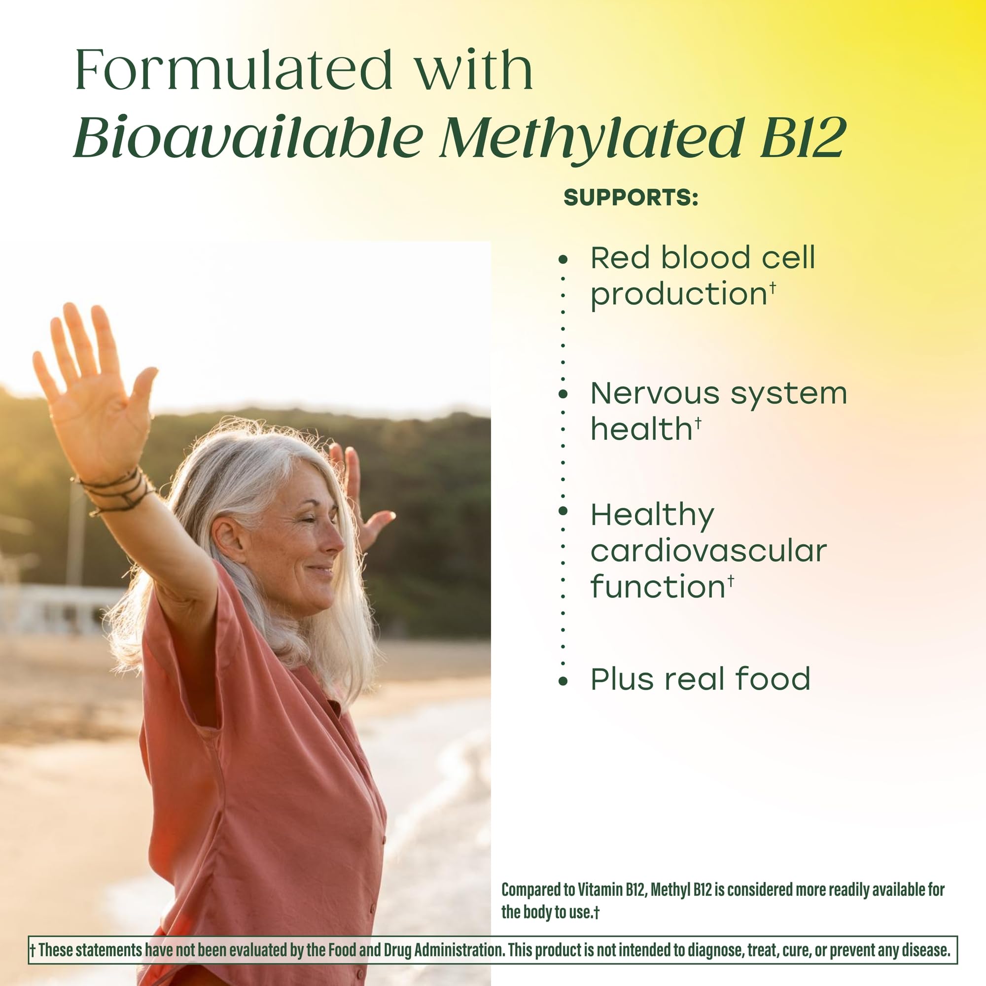 MegaFood Methyl B12 végan - étiquette avec tableau nutritionnel clair.