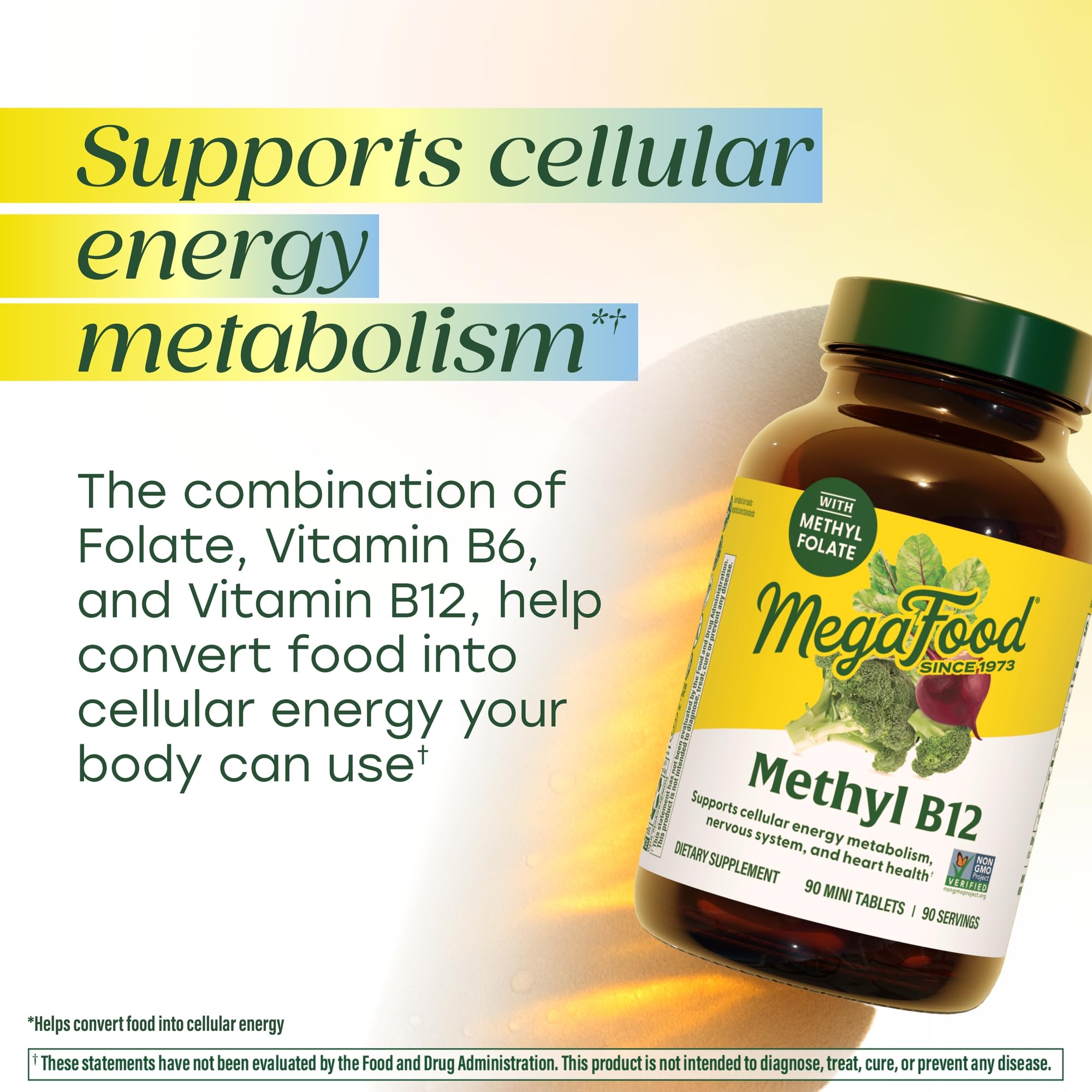 MegaFood Methyl B12 végan - ingrédients naturels comme betterave et brocoli.