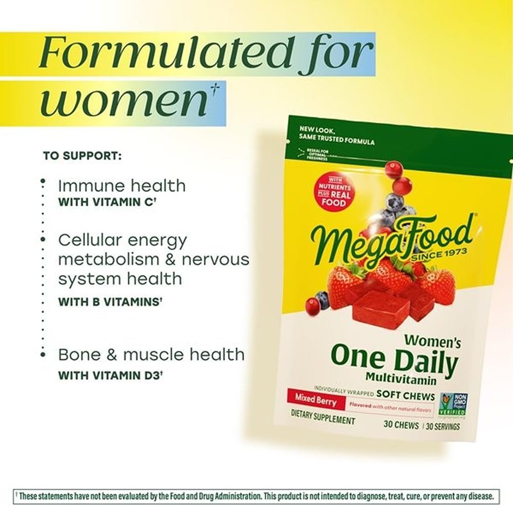 MegaFood Multivitamine Femme, ingrédients naturels pour nutrition équilibrée.