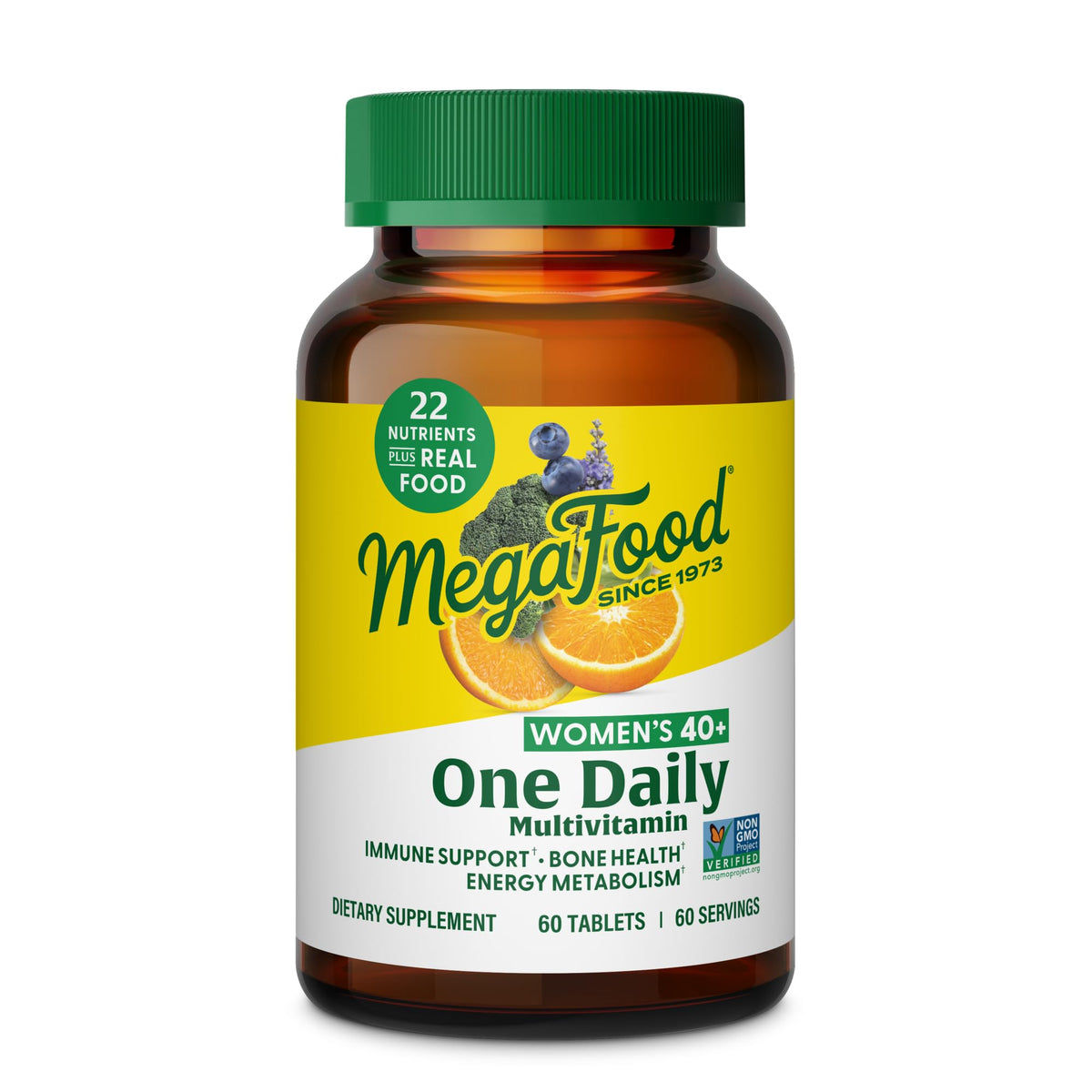 Vue de la bouteille MegaFood Multivitamine Femmes 40+ prête à être prise quotidiennement