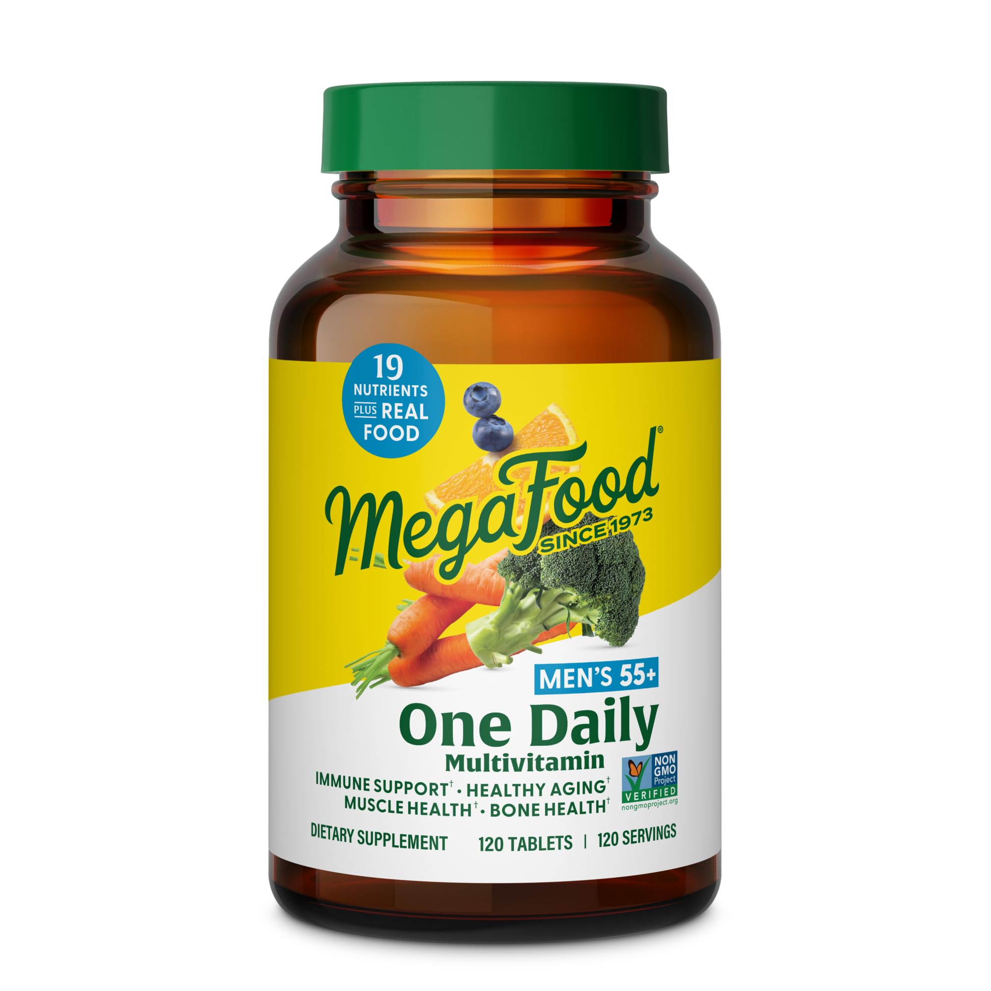 MegaFood Multivitamine Homme55+ – Bouteille prête à l’emploi pour un apport nutritionnel quotidien.