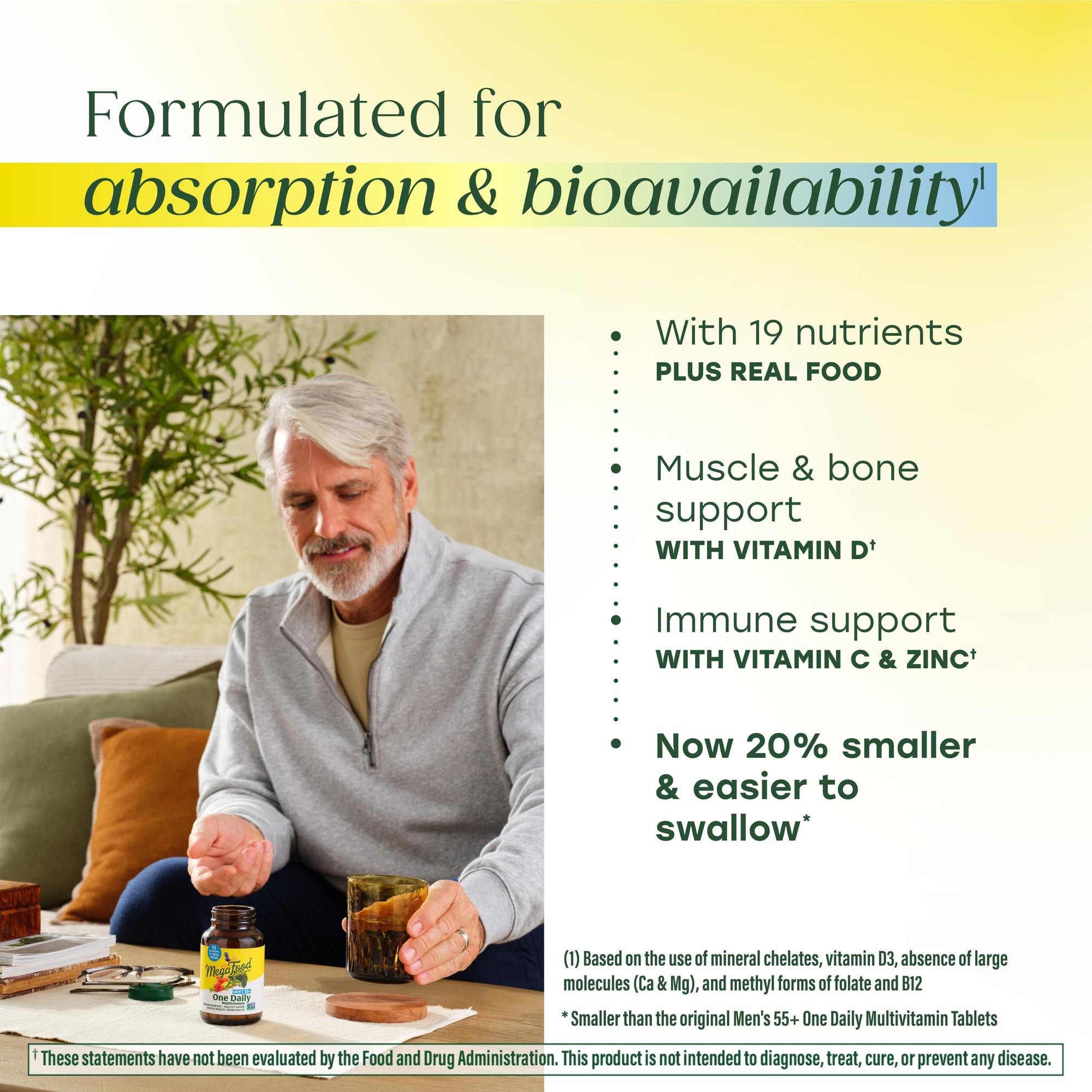 MegaFood Multivitamine Homme55+ – Ingrédients réels issus d’aliments pour une base nutritionnelle naturelle.
