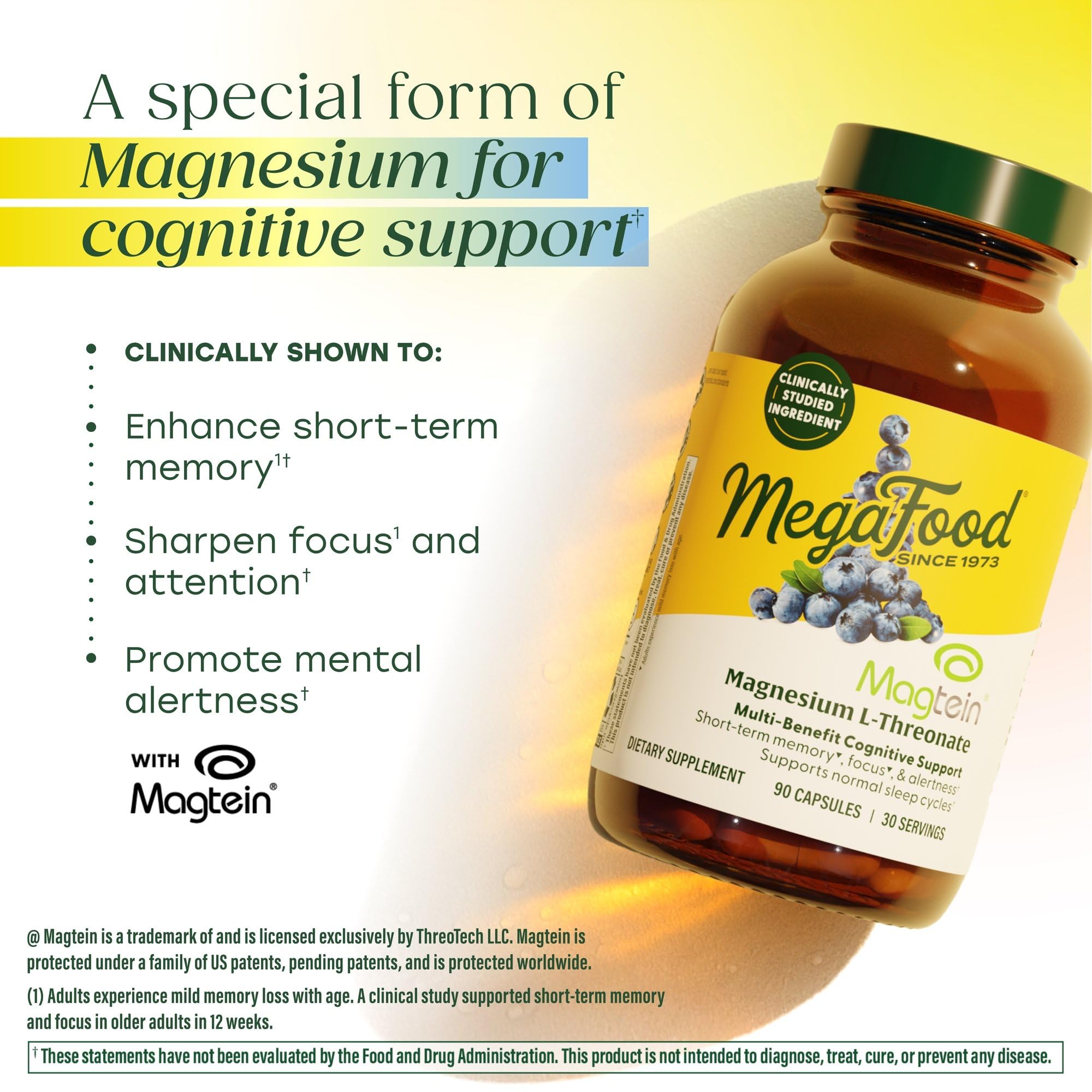 MegaFood Magtein et bleuets naturels illustrant l’apport polyphenols et soutien potentiel