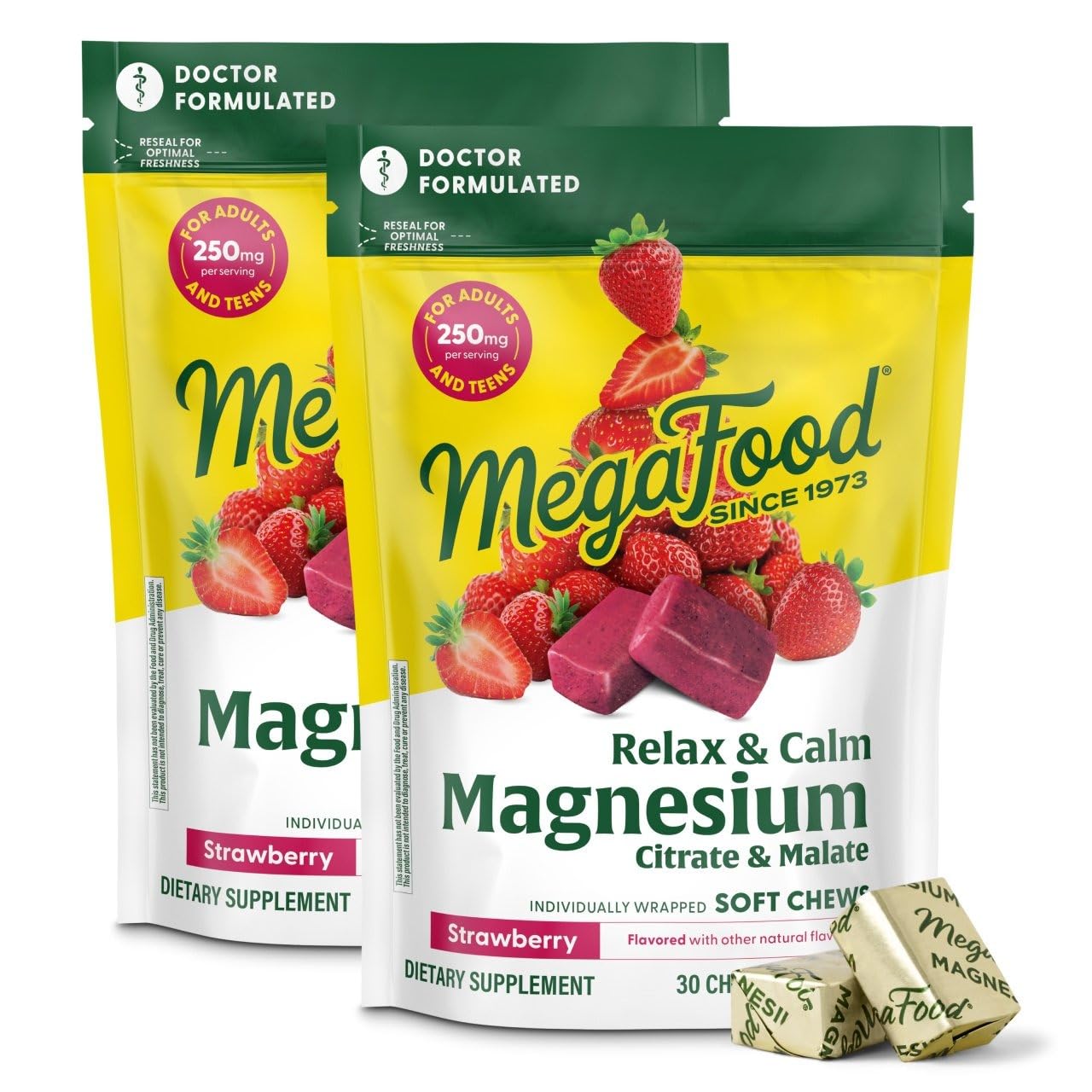 MegaFood Relax + Calm emballage, pratique à ranger et transporter.