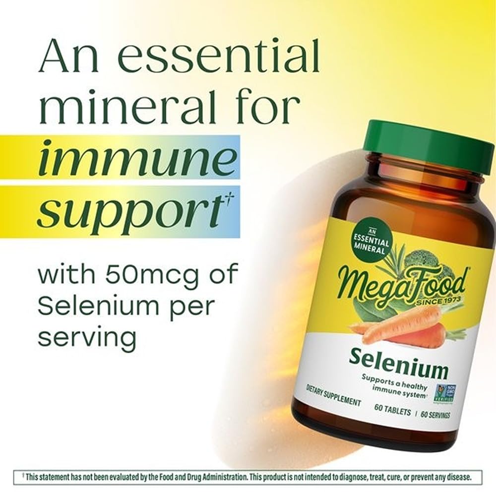 MegaFood Selenium, ingrédients et mélange nutritionnel visibles sur l'étiquette.