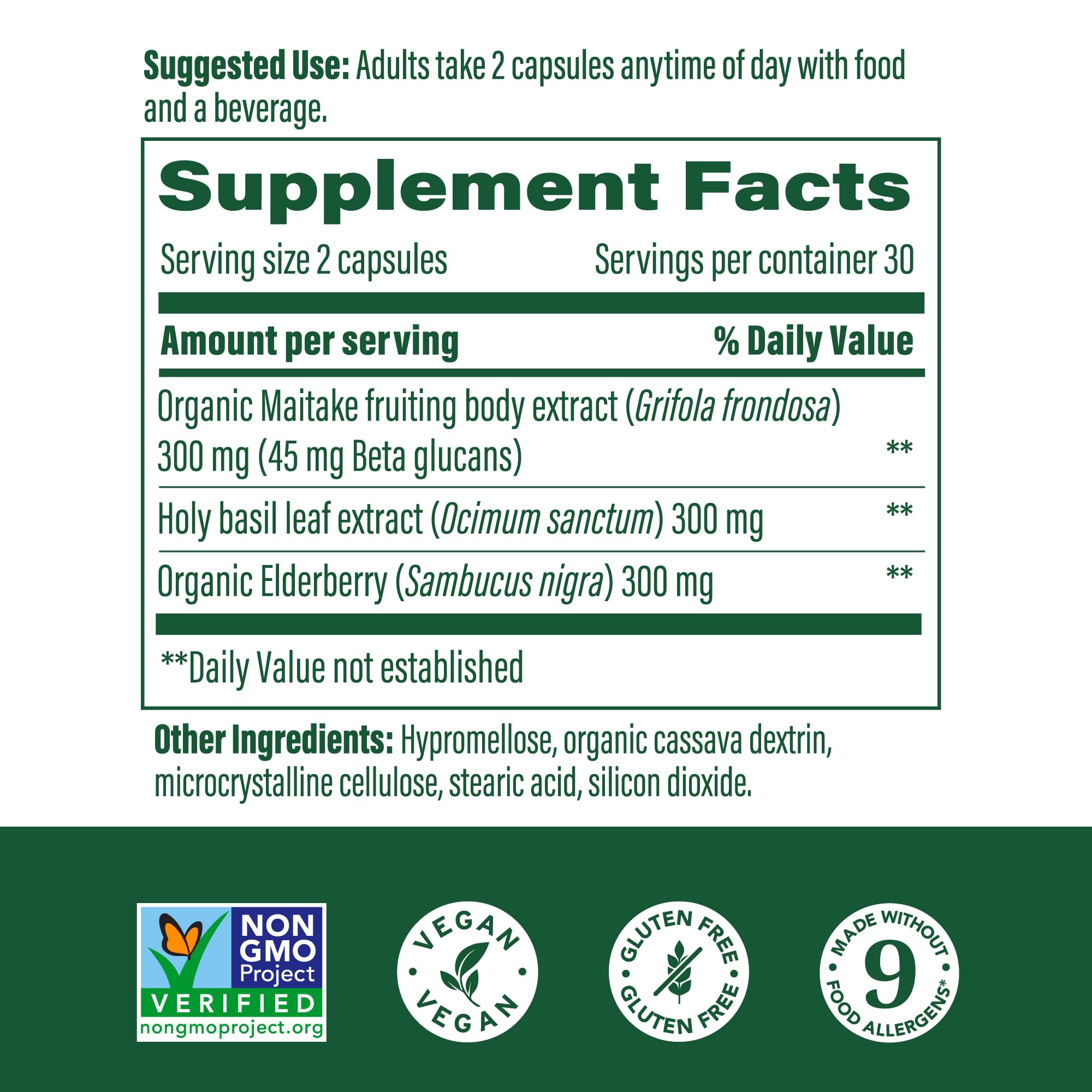 Capsules Maitake et Elderberry, faciles à intégrer dans la routine quotidienne.