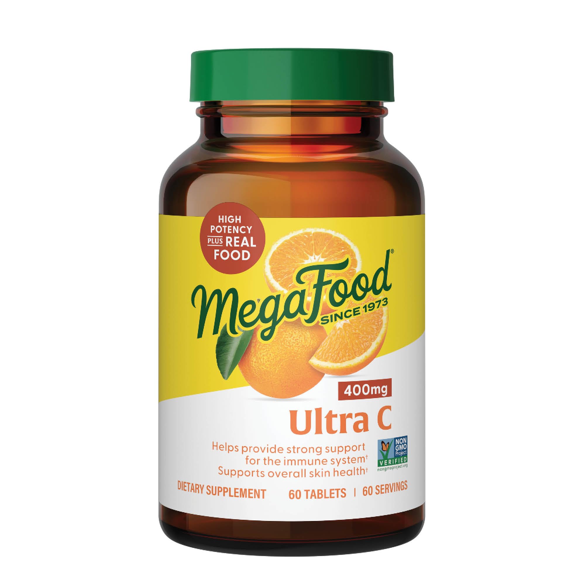 MegaFood Ultra C 400 mg, bouteille de 60 comprimés prête à l'emploi, soutien immunitaire potentiel.