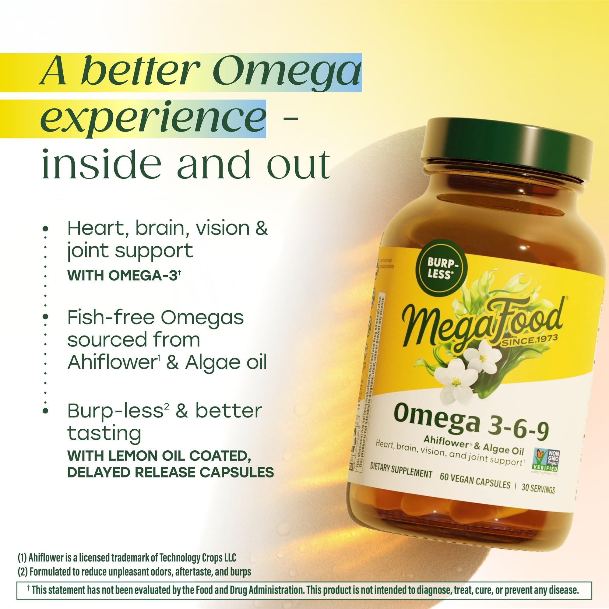 Capsules au citron MegaFood Omega 3 6 9 avec libération retardée.