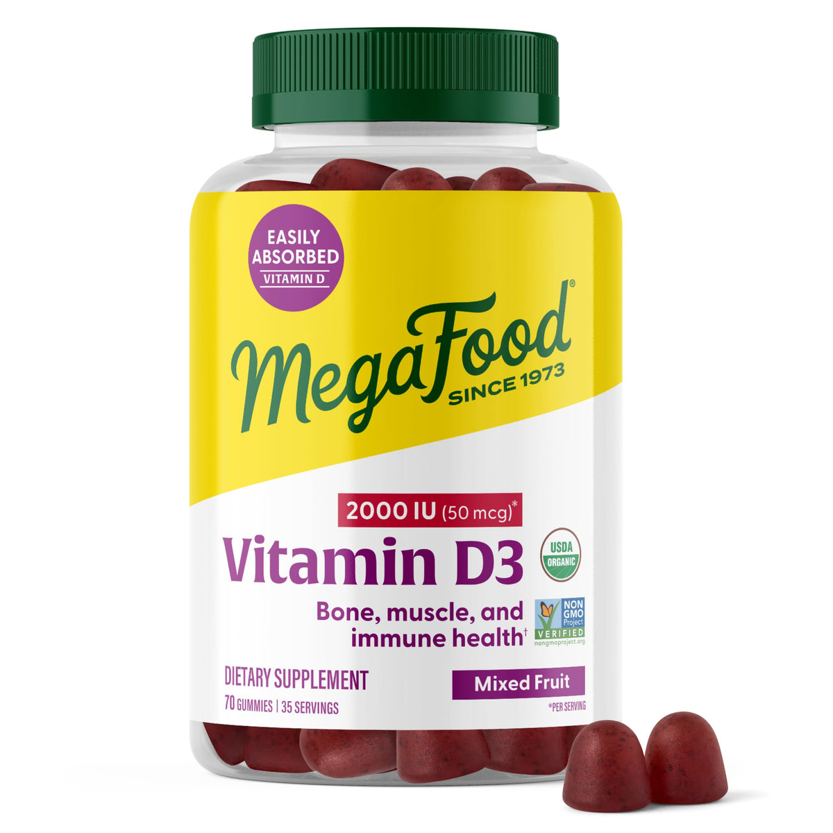 MegaFood Vitamine D3 Gummies bouteille: apport quotidien facile et agréable.