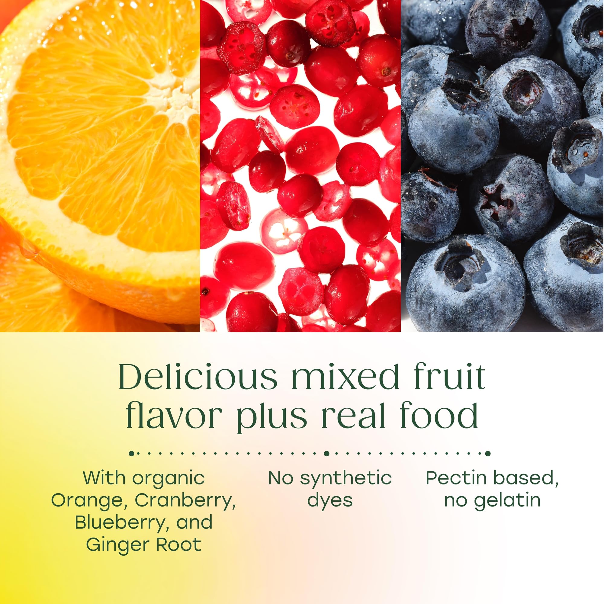 MegaFood Vitamine D3 Gummies saveur fruits avec gingembre, texture plaisante.