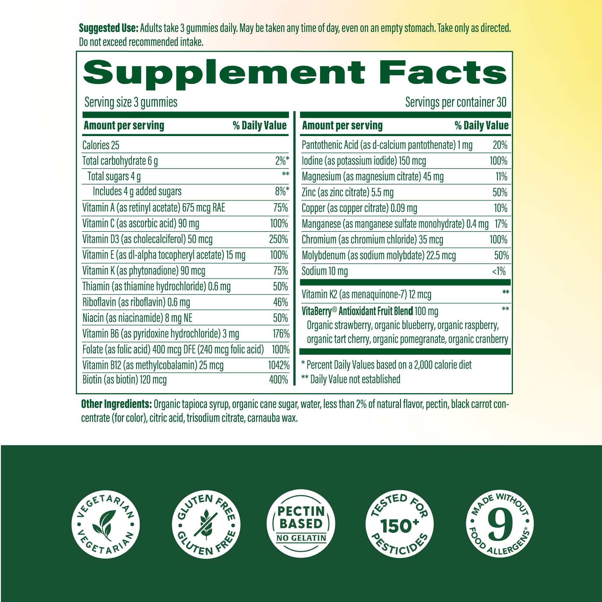 MegaFood Whole Body 55+ Gummies: étiquette indiquant D3 et K2 MK7 pour la vitalité.