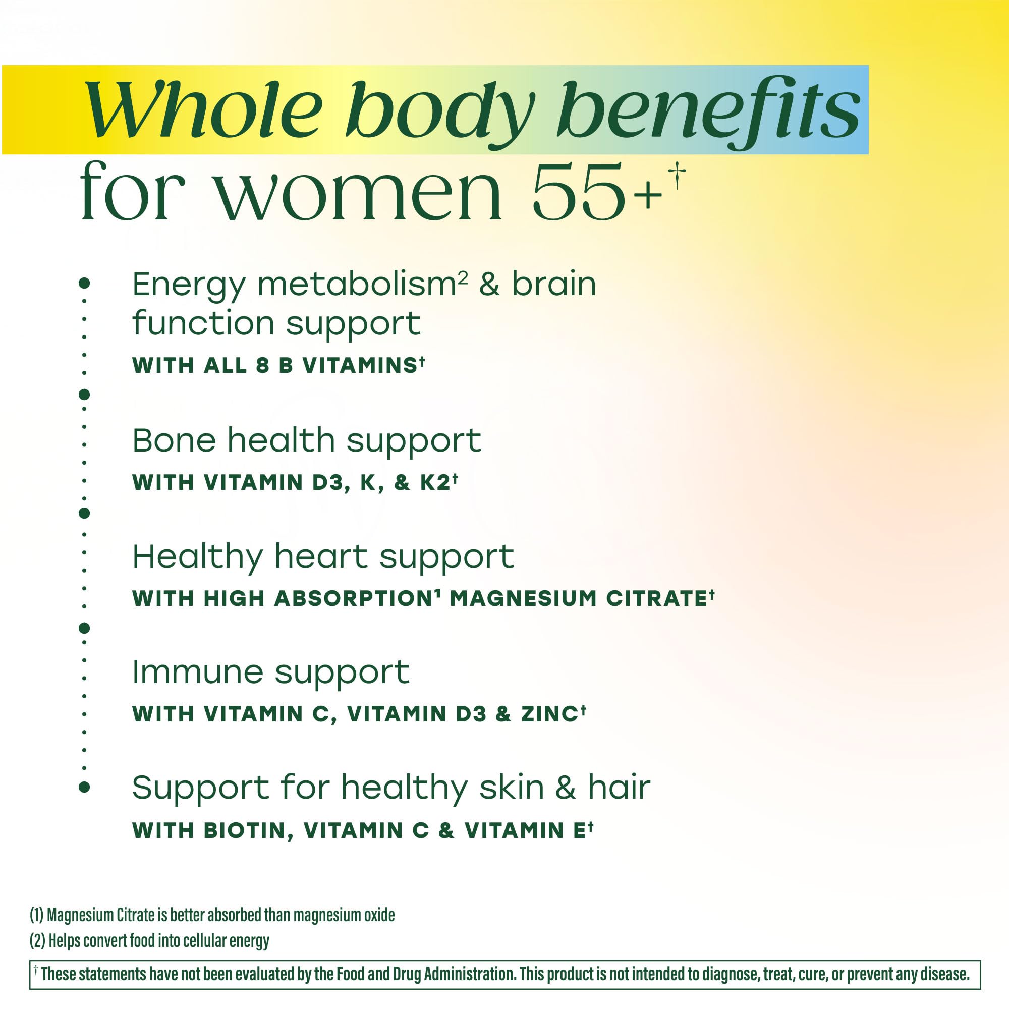 MegaFood Whole Body 55+ Gummies: ingrédients et couleurs naturels de la formule.