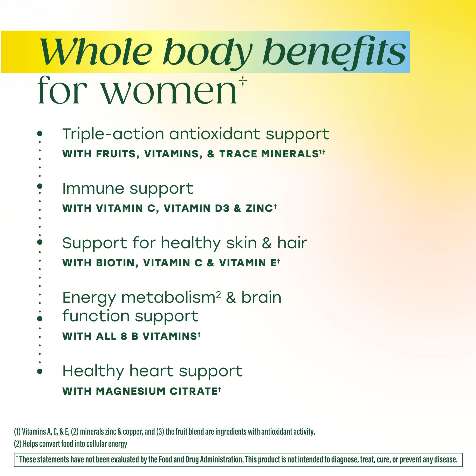 MegaFood gommes féminines, 20 nutriments, flacon et étiquette visibles.