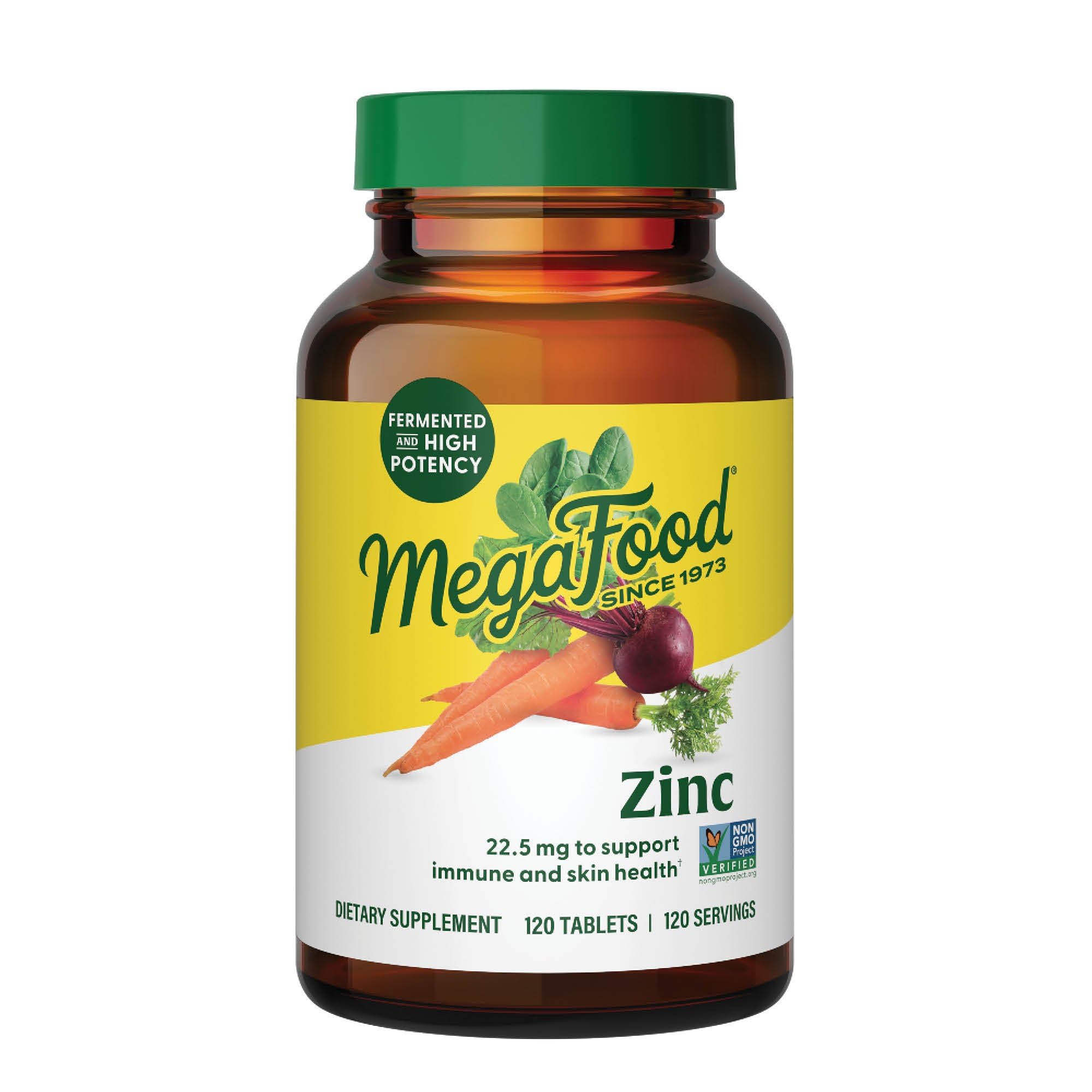 MegaFood Zinc – bouteille de comprimés fermentés pour le soutien immunitaire potentiel.