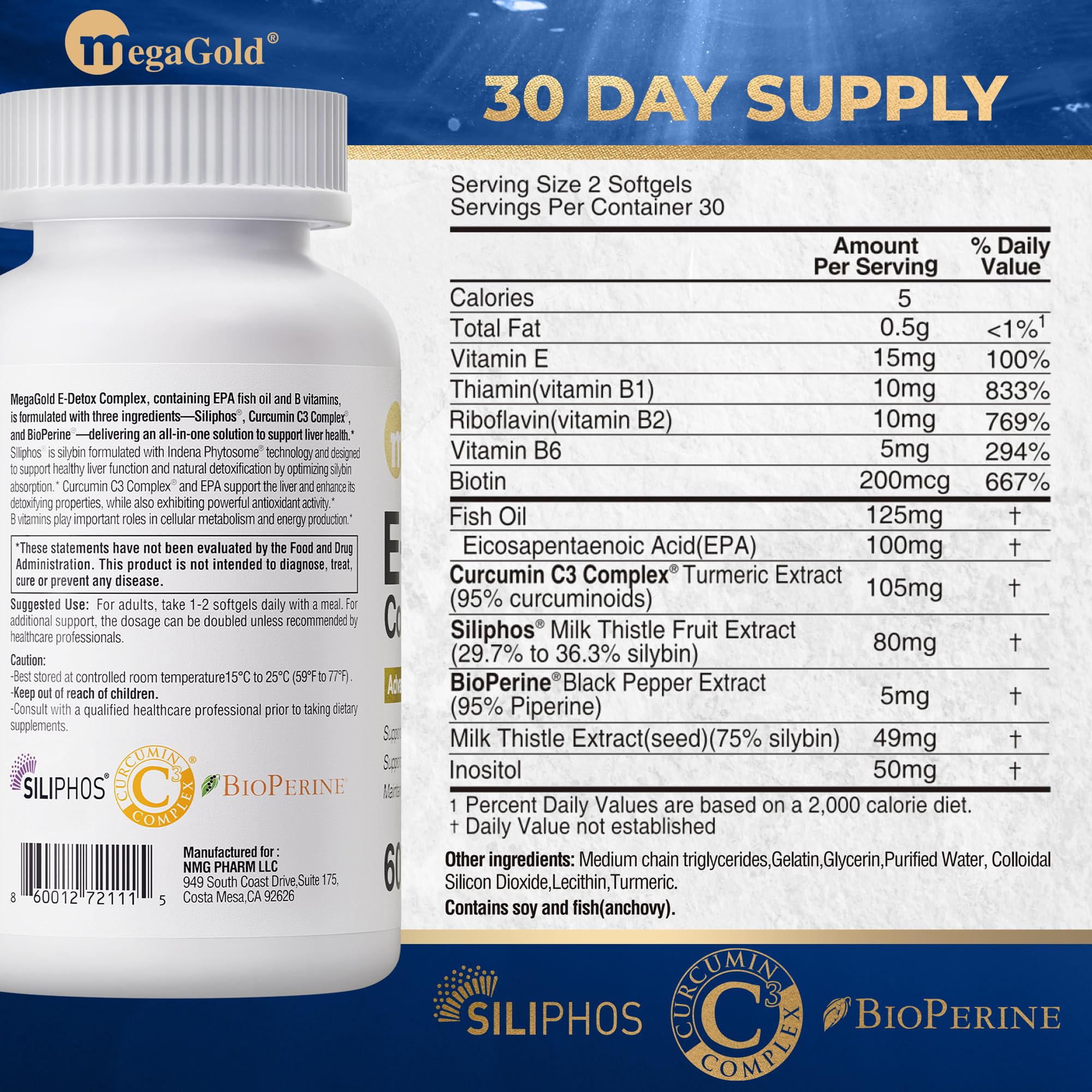 MegaGold ingrédients Siliphos et Curcumin pour une formulation avancée et pratique.