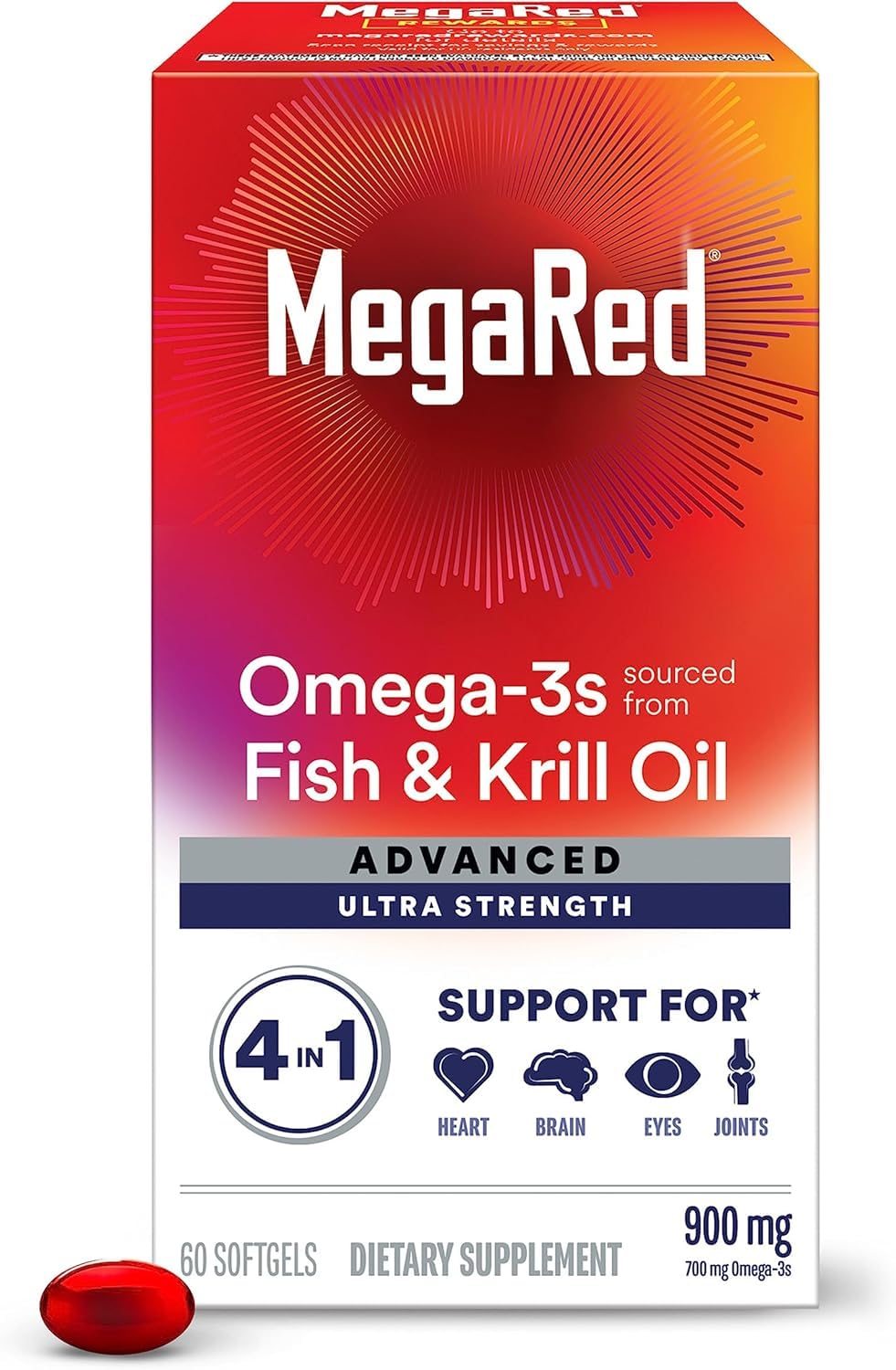 Megared Advanced 4-en-1 : bouteille d'huile poisson et krill soutient la santé cardiaque et la mobilité.