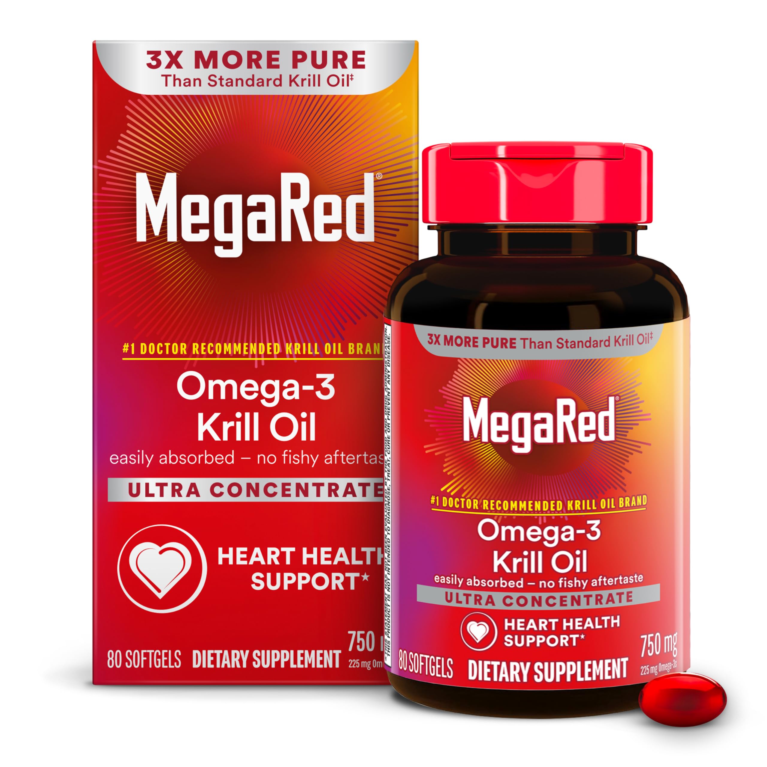 MegaRed huile krill antarctique 750 mg, bouteille pratique, soutien potentiel du cœur.