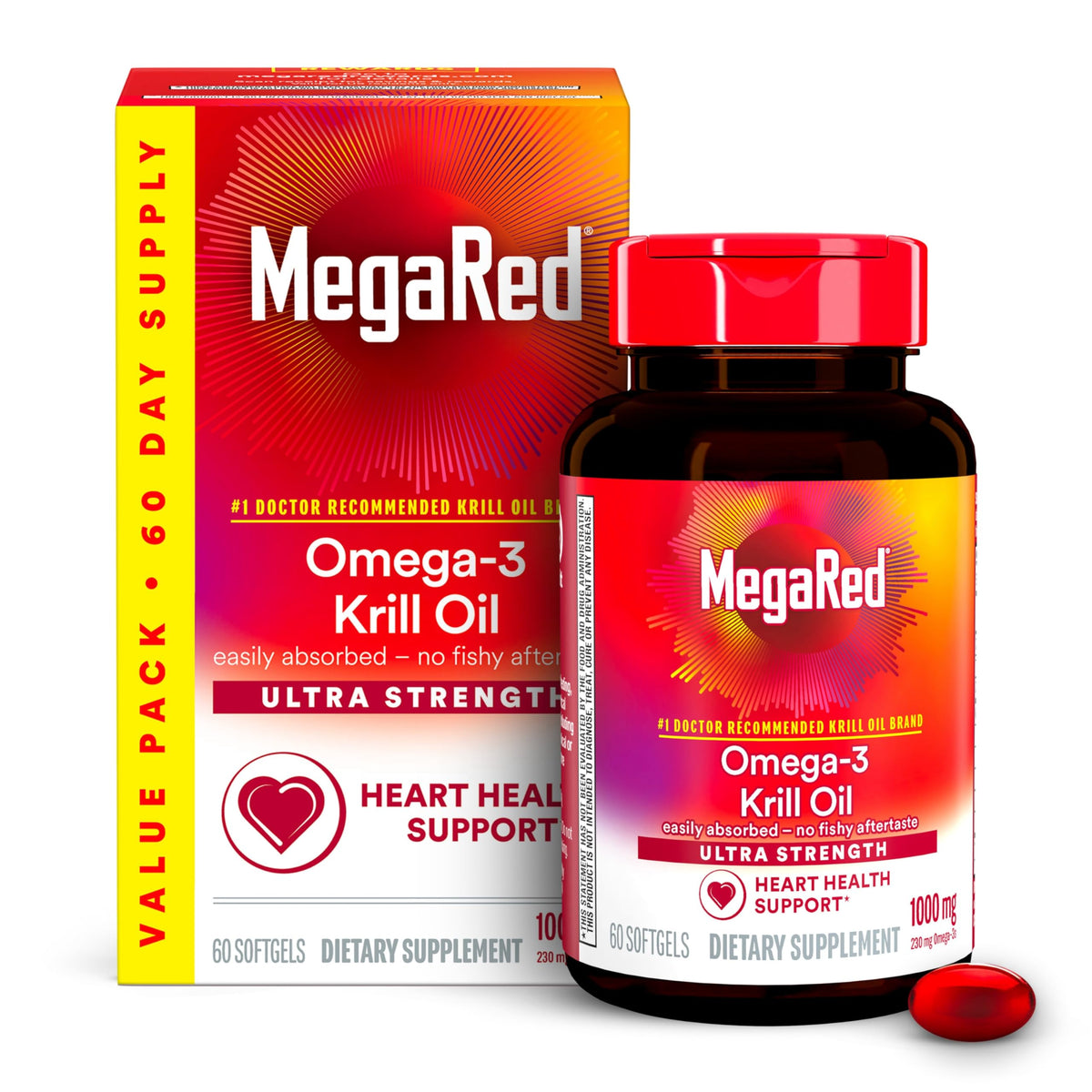 Megared Ultra-Force Omega3 Krill : bouteille visible, soutien potentiel du cœur et du cerveau.