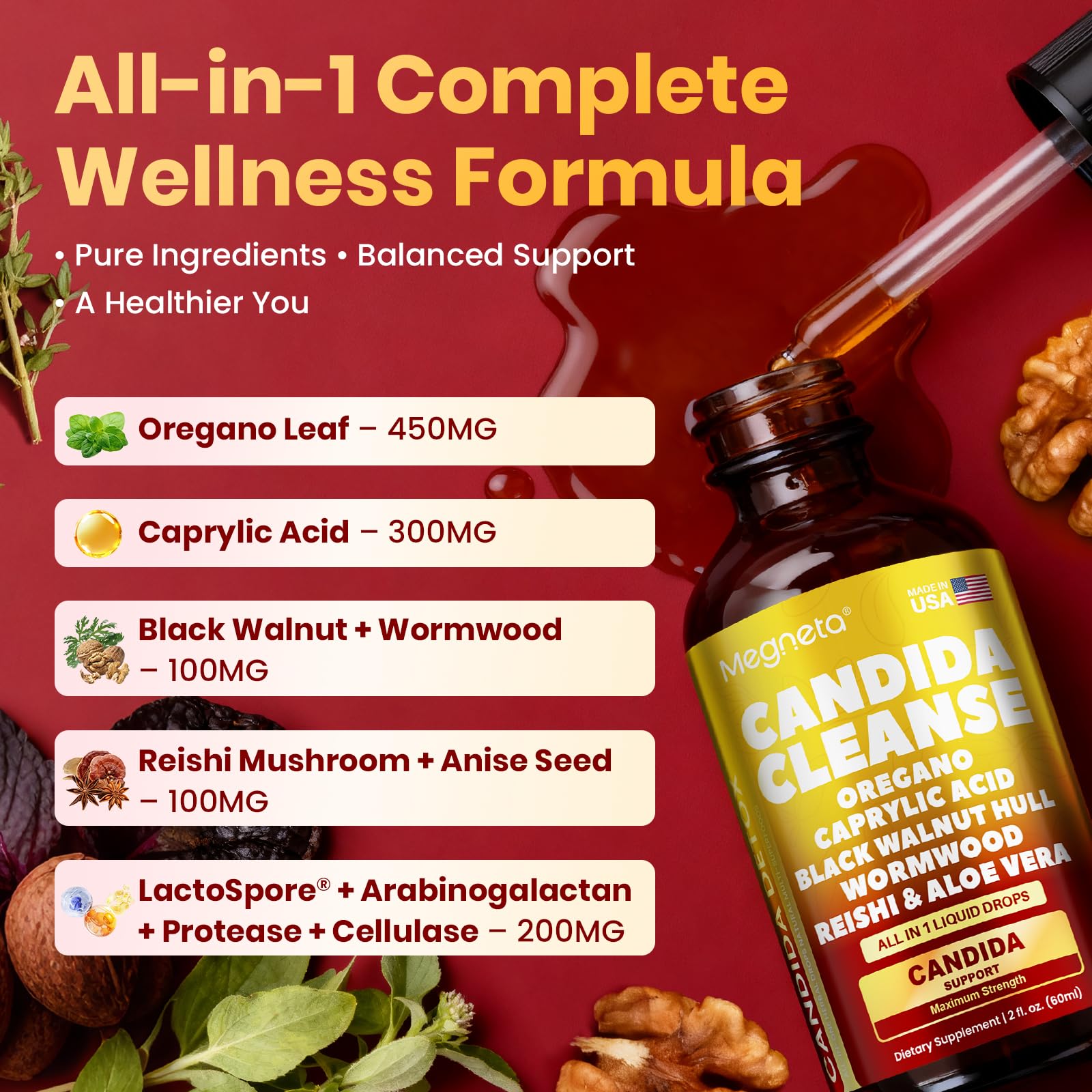 MEGNETA Candida Cleanse – etiquette: ingrédients clés et usages possibles.