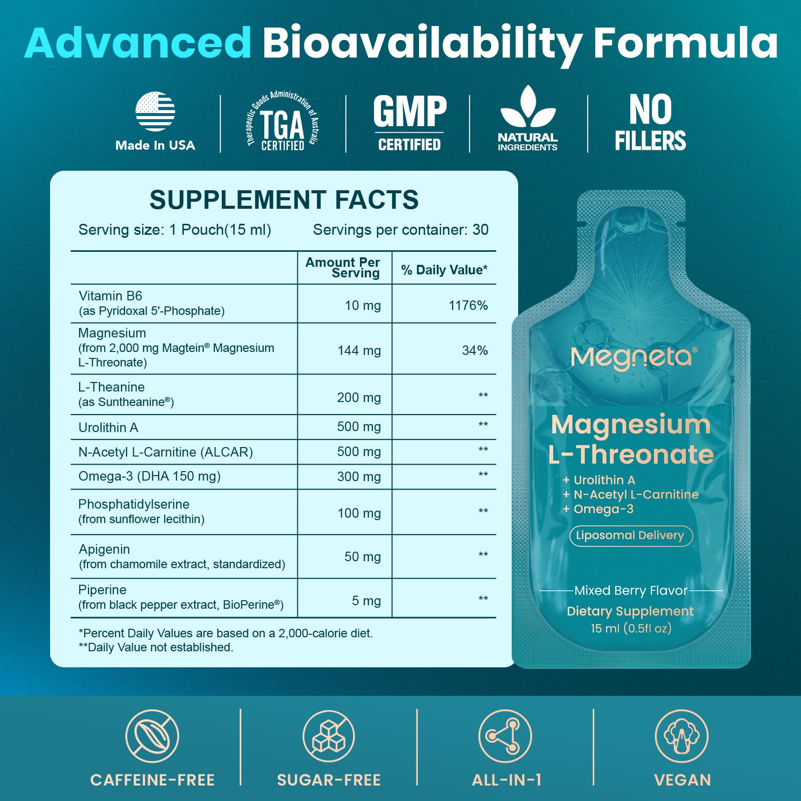 Format pratique de 30 sachets MEGNETA pour le quotidien et les voyages.