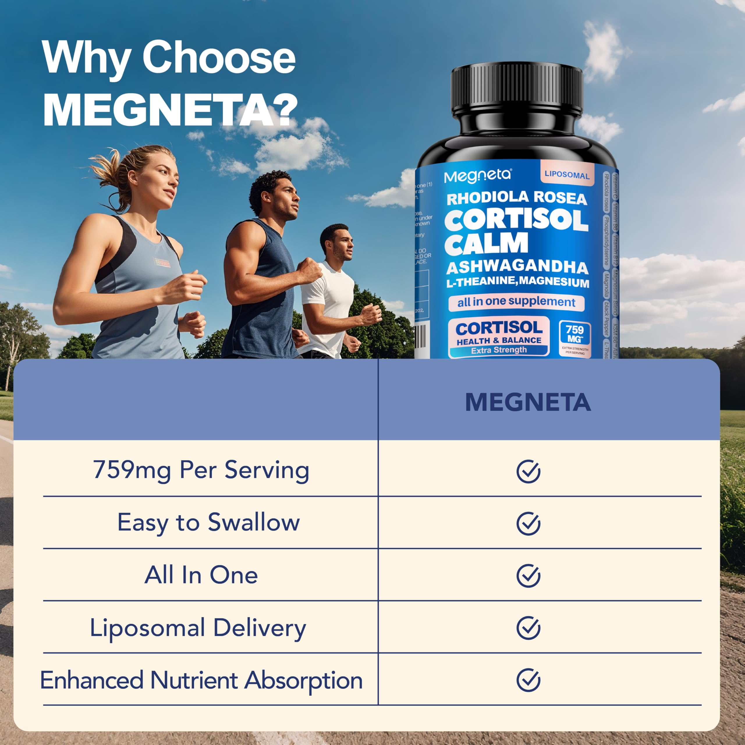 MEGNETA Cortisol Balance – Image évoquant calme et réduction du stress quotidien.