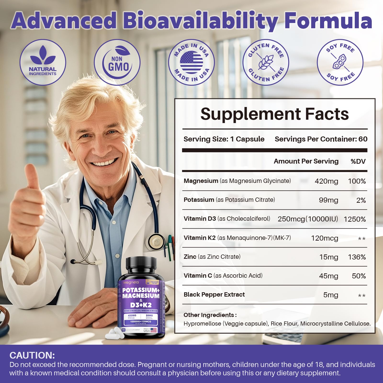 Dosage quotidien Megneta D3 K2 Mg Potassium, facilement lisible.