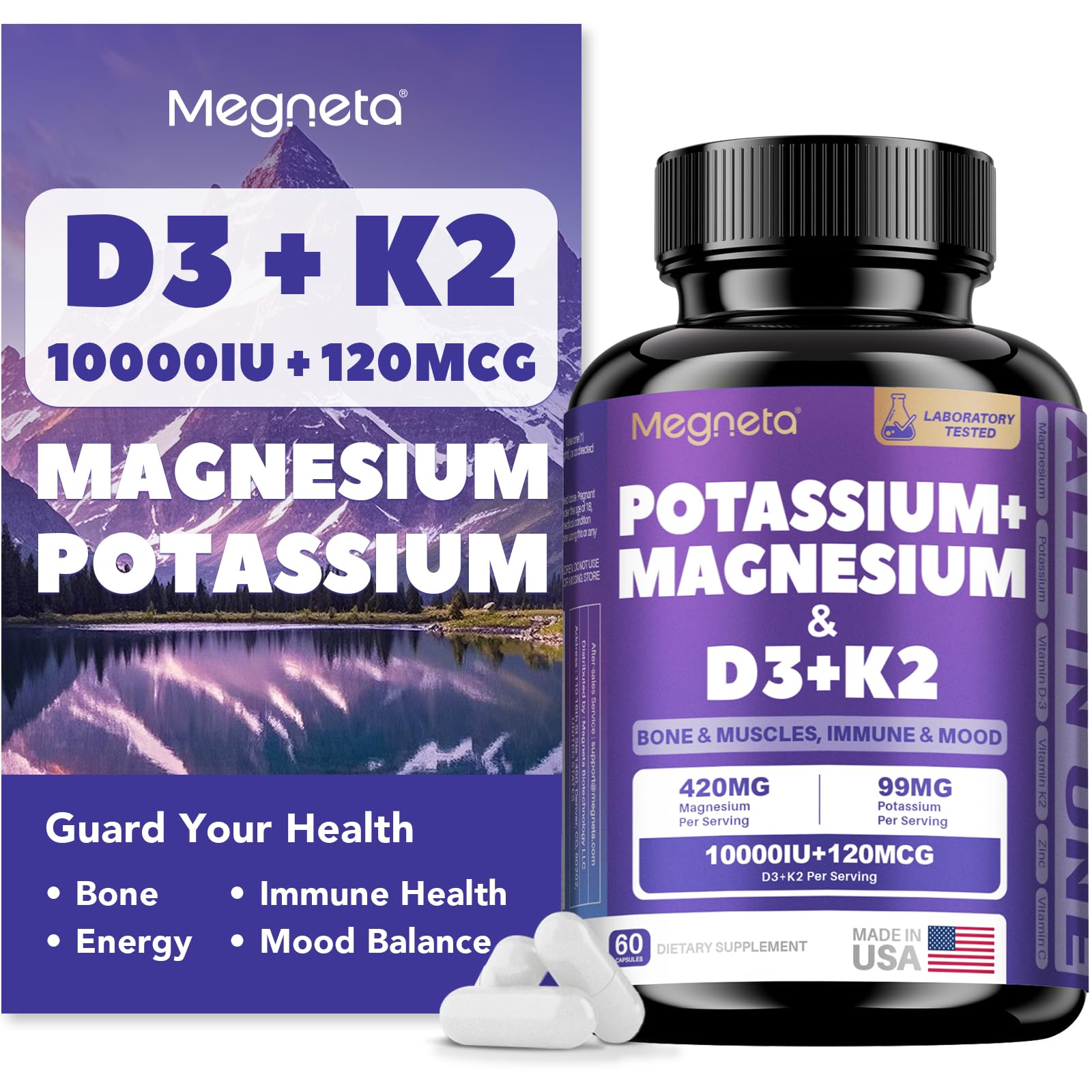 Capsules Megneta D3 K2 MK7 pour énergie quotidienne et soutien osseux.